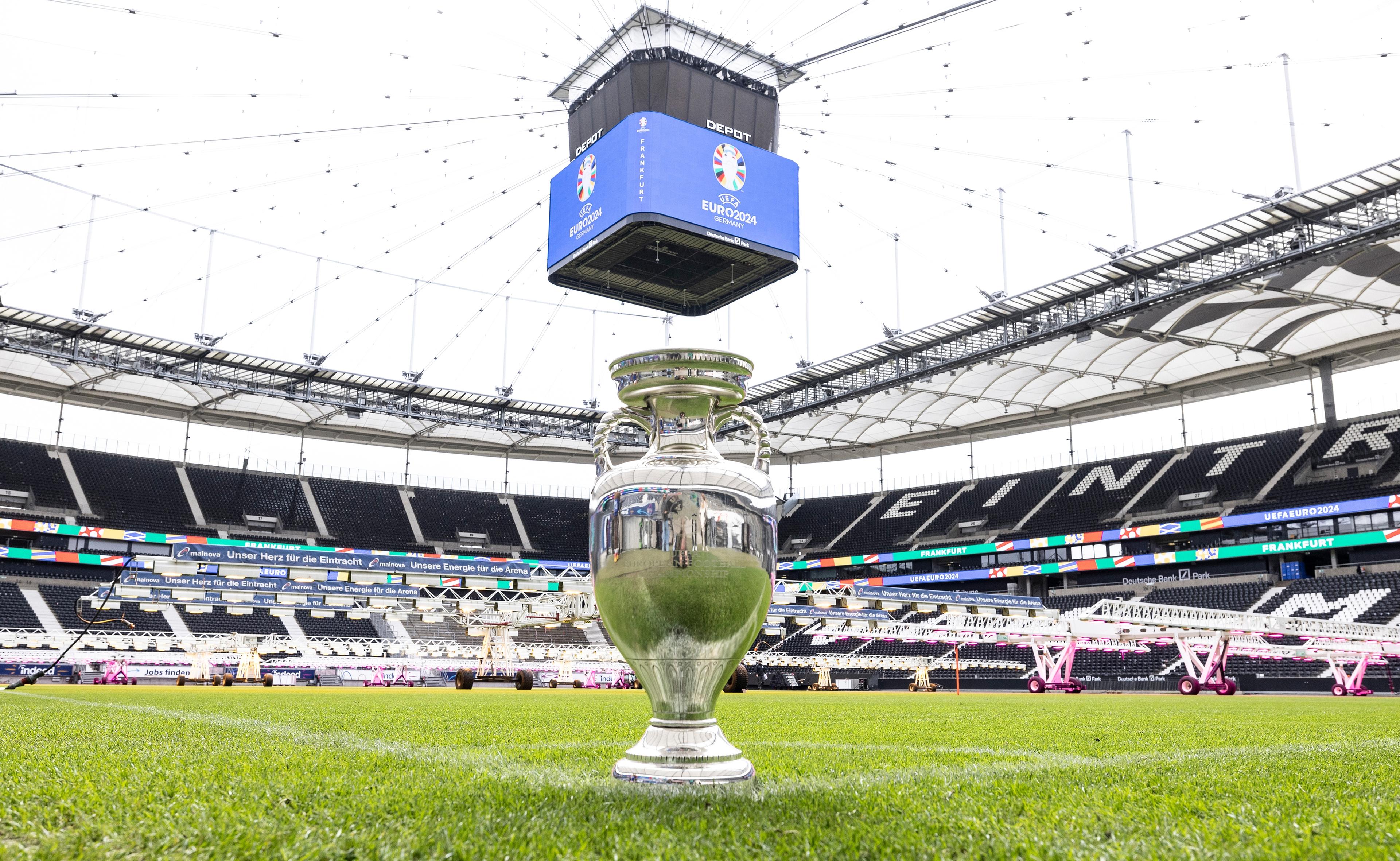 FRANKFURT AM MAIN, GERMANY - APRIL 02: The UEFA EURO 2024 Trophy is seen at the Arena Frankfurt on April 02, 2024 in Frankfurt am Main, Germany. (Photo by Lars Baron - UEFA/UEFA via Getty Images)