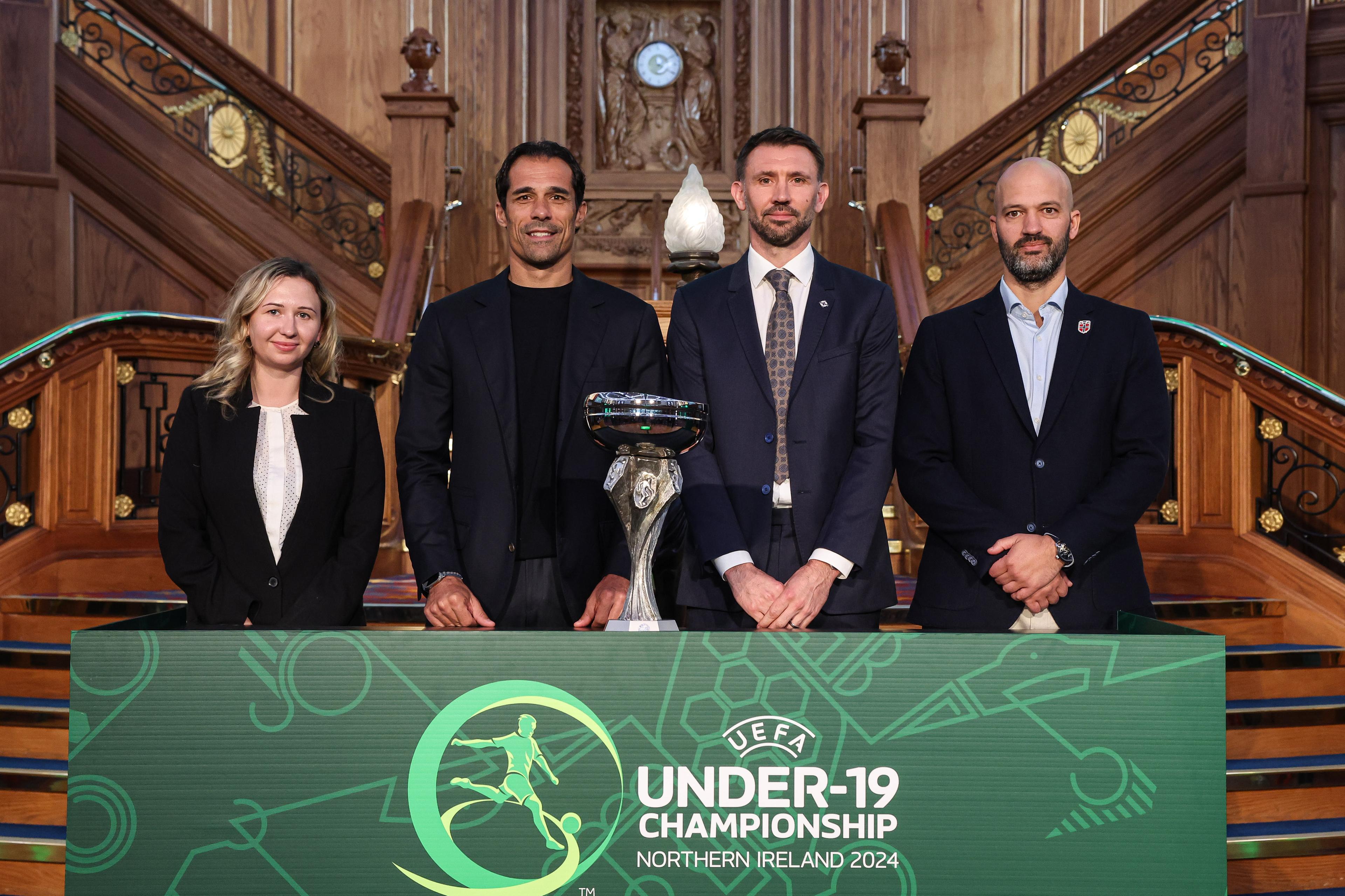 Belfast, Northern Ireland - 17th April 2024 :\\r\\rGroup A managers after the UEFA European Under-19 Championship 2023/24 Final Tournament Draw at Titanic Belfast on April 17, 2024, in Belfast, Northern Ireland. (Photo by William Cherry/Presseye) 