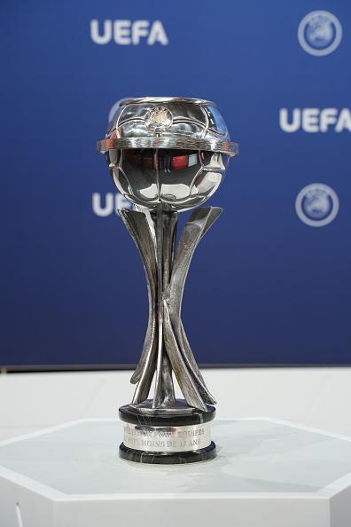 NYON, SWITZERLAND - MAY 3: A view of the Under-17 Trophy ahead of the the UEFA European Under-17 Championship 2025 Round 1 Draw at the UEFA Headquarters, the House of the European Football, on May 3, 2024, in Nyon, Switzerland. (Photo by Nemanja Basevic - UEFA/UEFA via Getty Images)