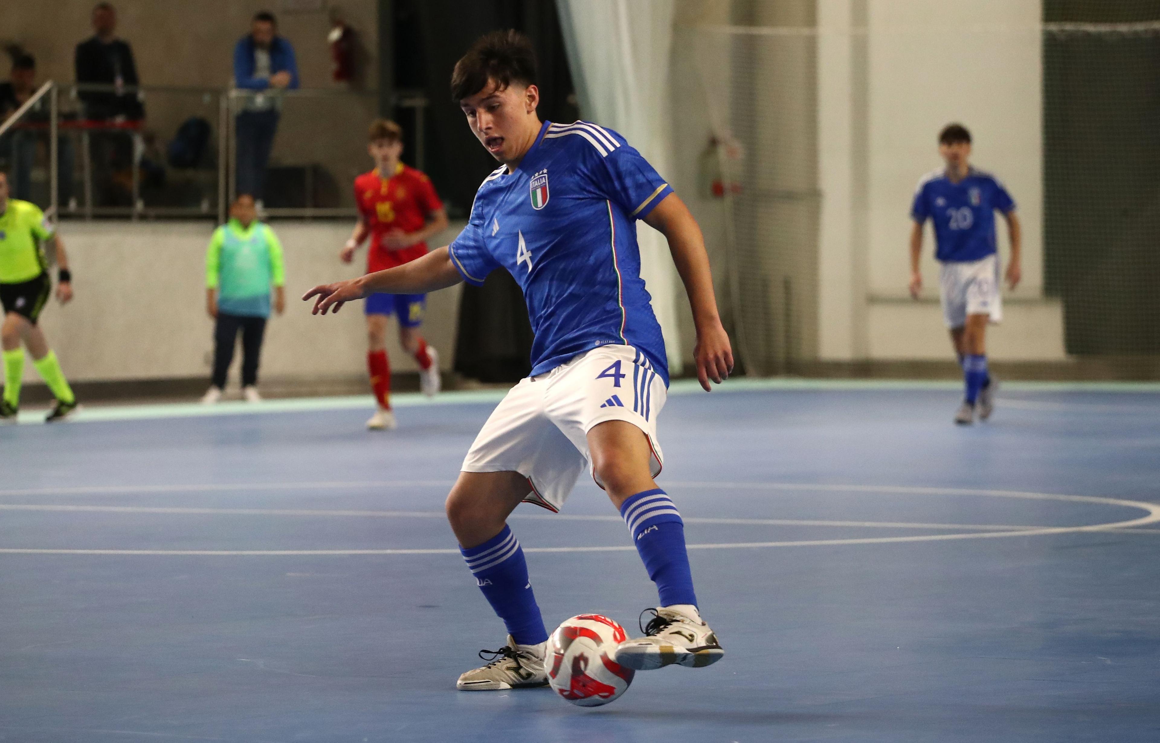LECCO, ITALY - MAY 07: Giulio Musumeci of Italy in action during the U19 Futsal International Friendly between Italy U19 and Spain U19 at PalaTaurus on May 07, 2024 in Lecco, Italy. (Photo by Marco Luzzani/Getty Images)
