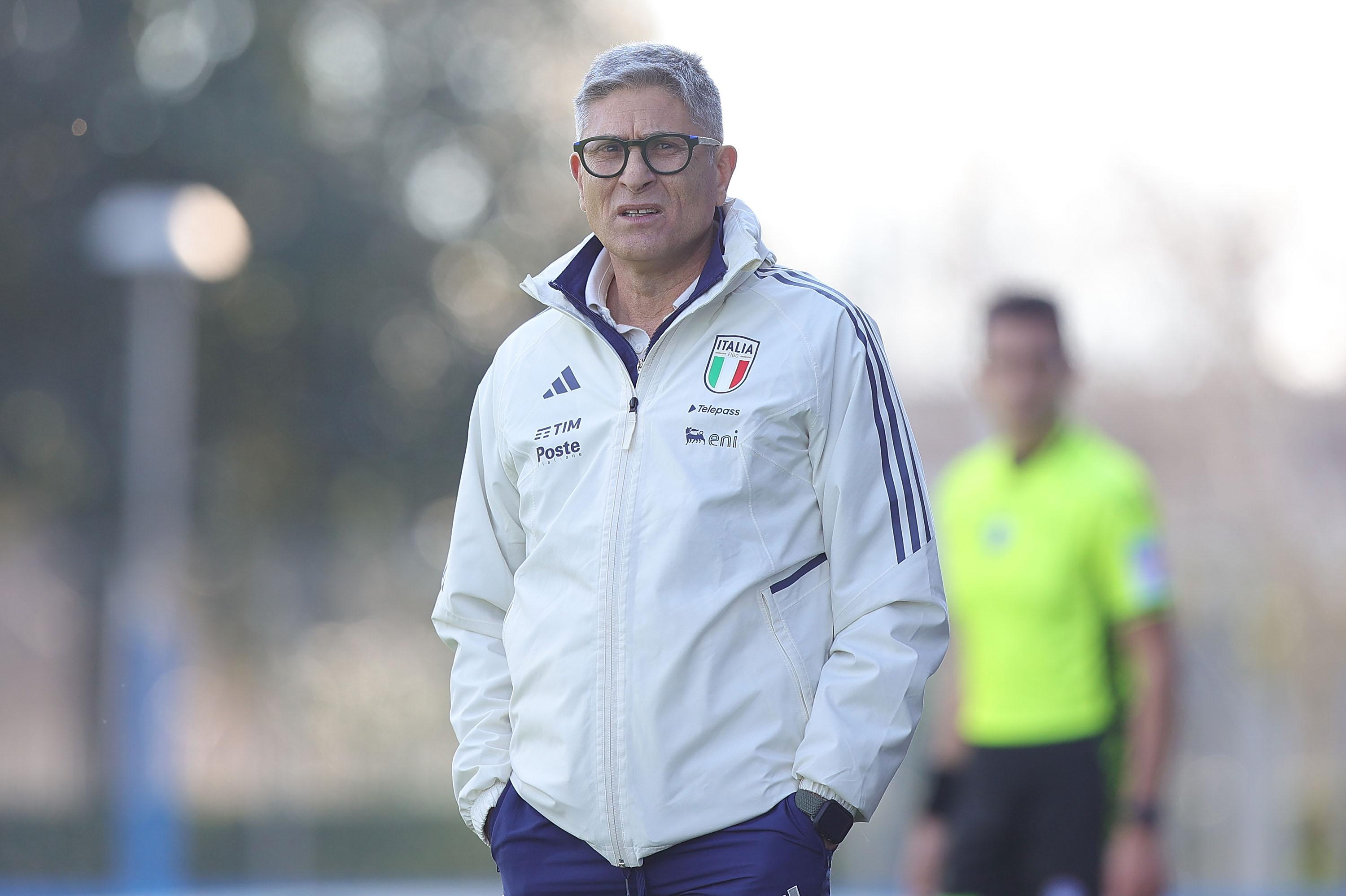 FLORENCE, ITALY - FEBRUARY 13: Massimiliano Favo manager of Italy U17 looks on during the International friendly match between Italy U17 and France U17 at Centro Tecnico Federale di Coverciano on February 13, 2024 in Florence, Italy. (Photo by Gabriele Maltinti/Getty Images) *** Local Caption *** Massimiliano Favo