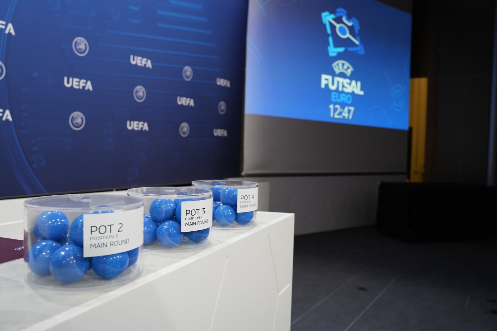 NYON, SWITZERLAND - MAY 30: A view of the draw pots on stage ahead of the UEFA Futsal EURO 2026 Main Round Draw at the UEFA Headquarters, the House of the European Football, on May 30, 2024, in Nyon, Switzerland. (Photo by Nemanja Basevic - UEFA/UEFA via Getty Images)