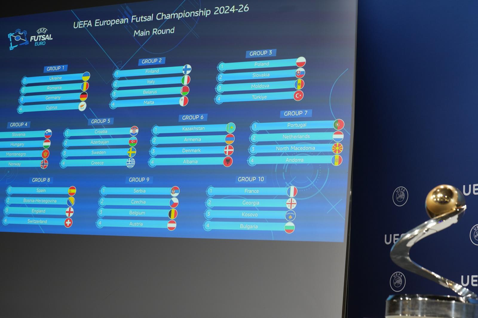 NYON, SWITZERLAND - MAY 30: A view of the result is displayed on the screen during the UEFA Futsal EURO 2026 Main Round Draw at the UEFA Headquarters, the House of the European Football, on May 30, 2024, in Nyon, Switzerland. (Photo by Nemanja Basevic - UEFA/UEFA via Getty Images)
