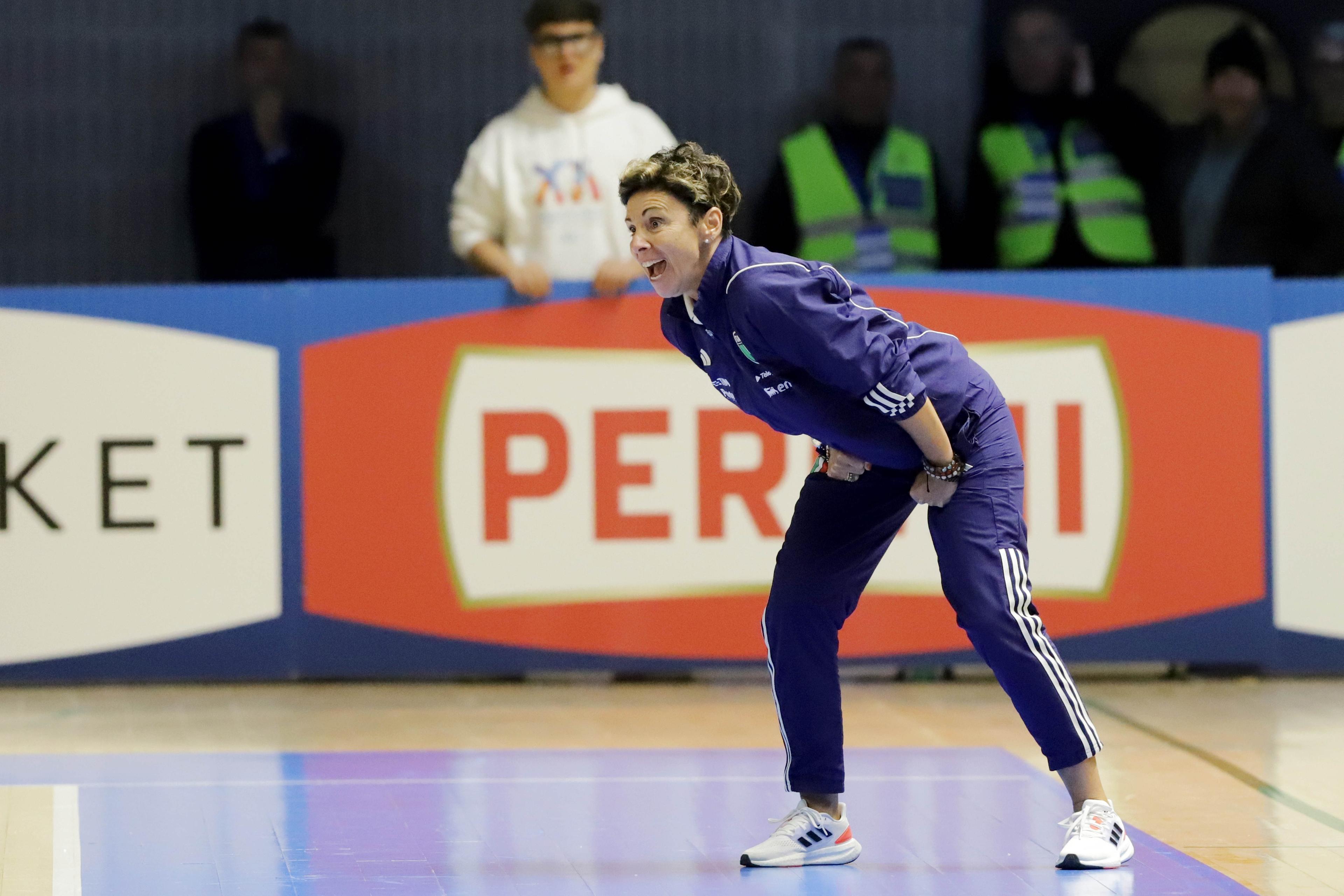 TARANTO, ITALY - MARCH 18: Francesca Salvatore coach of Italy during the Women Futsal Friendly match between Italy and Ukraine on March 18, 2024 in Taranto, Italy. (Photo by Donato Fasano/Getty Images)