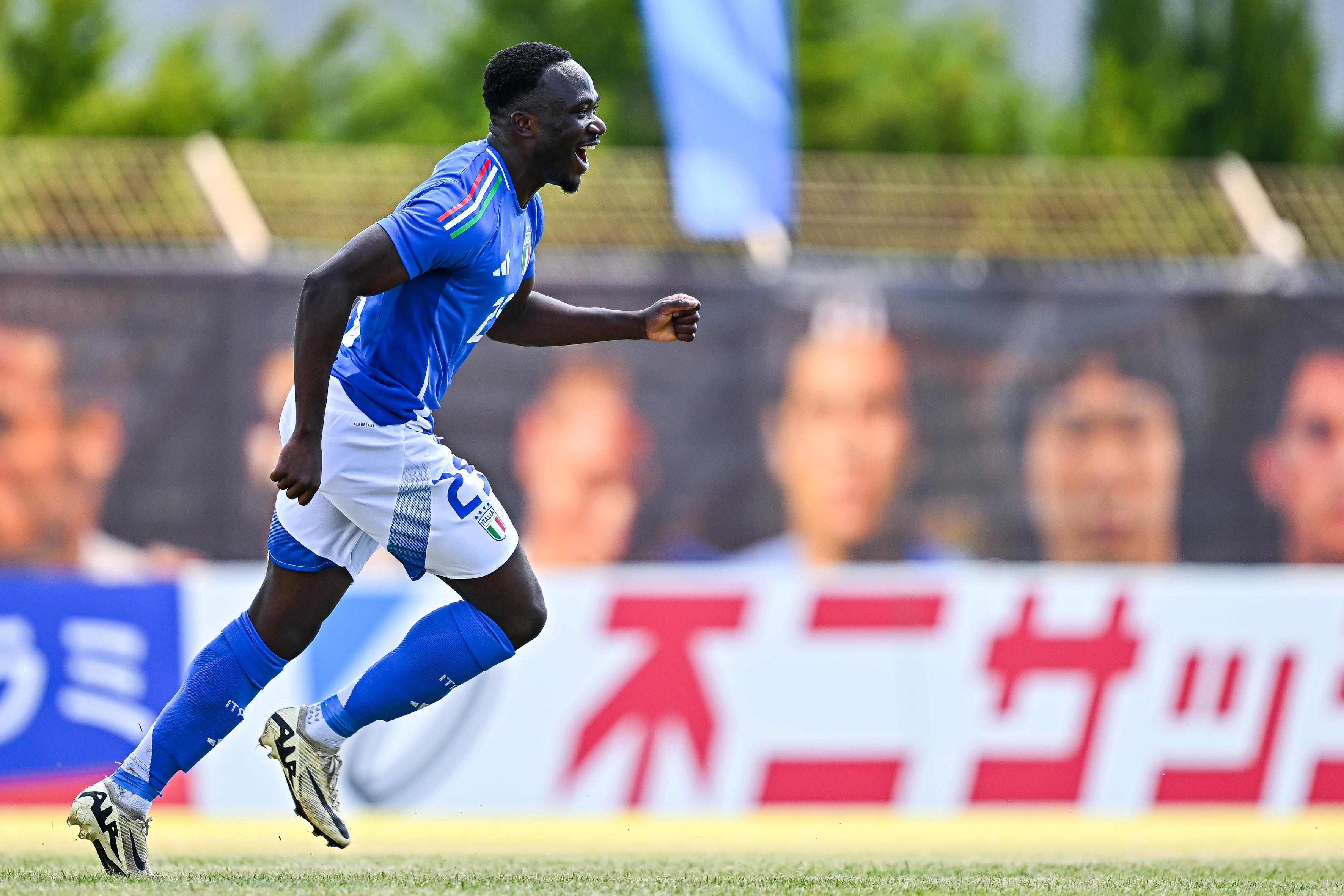 VITROLLES, FRANCE - JUNE 4: Seydou Fini of Italy U21 celebrates after scoring a goal during the 50th Tournoi Maurice Revello match between Italy U21 and Japan U21 at Stade Jules Ladoumègue on June 4, 2024 in Vitrolles, France. (Photo by Simone Arveda/Getty Images)