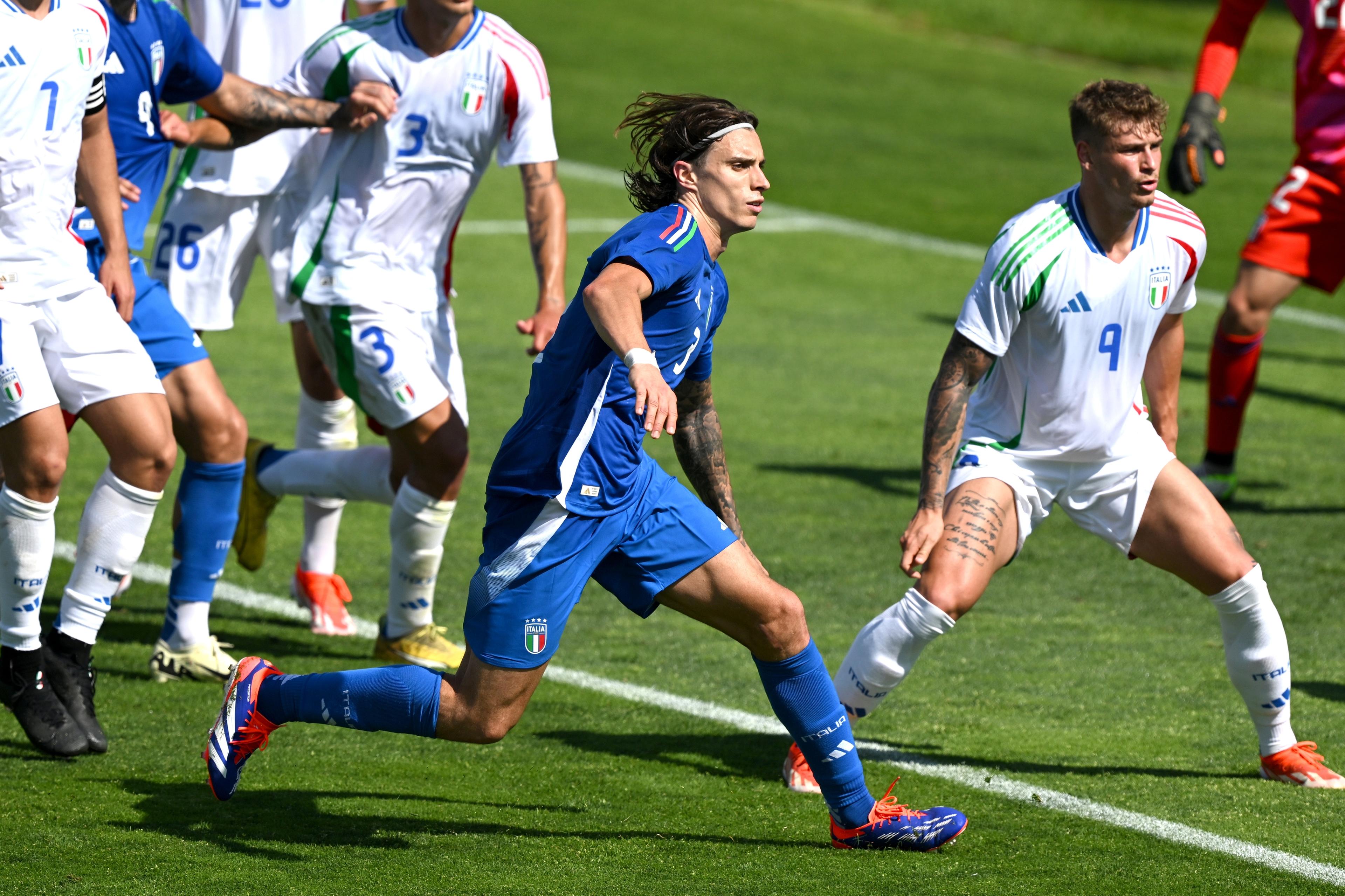 FLORENCE, ITALY - JUNE 05: Riccardo Calafiori of Italy at Centro Tecnico Federale di Coverciano in action during the Friendly Match beteween Italy and Italy U20 on June 05, 2024 in Florence, Italy. (Photo by Claudio Villa/Getty Images)