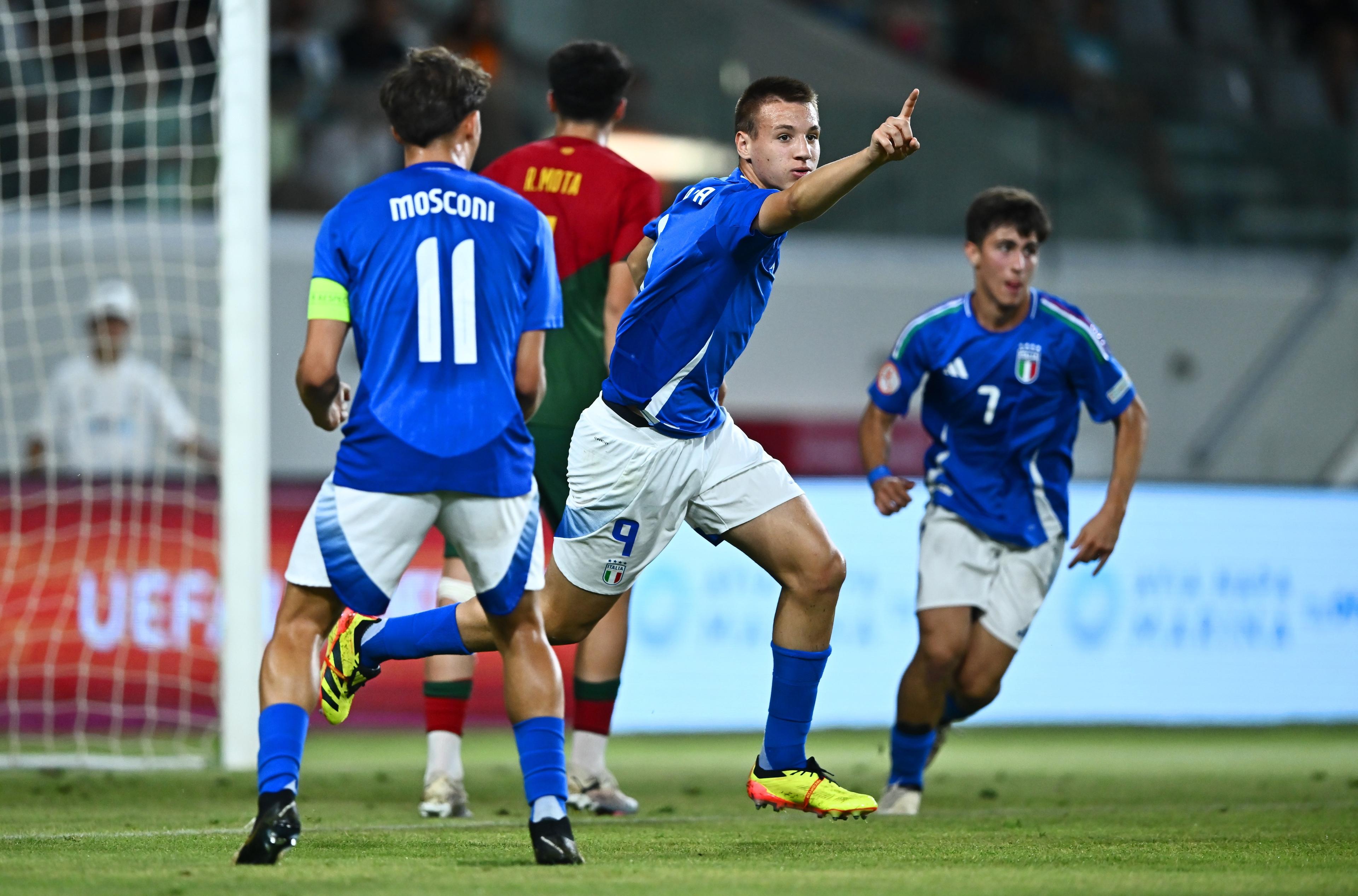 LIMASSOL, CYPRUS - June 05: Francesco Camarda of Italy, centre, celebrates after scoring his side's second goal during the UEFA European Under-17 Championship 2023/2024 Final match between Italy and Portugal at Limassol Stadium on June 05, 2024 in Limassol, Cyprus. (Photo by Piaras Ó MÃdheach - Sportsfile/UEFA via Getty Images)