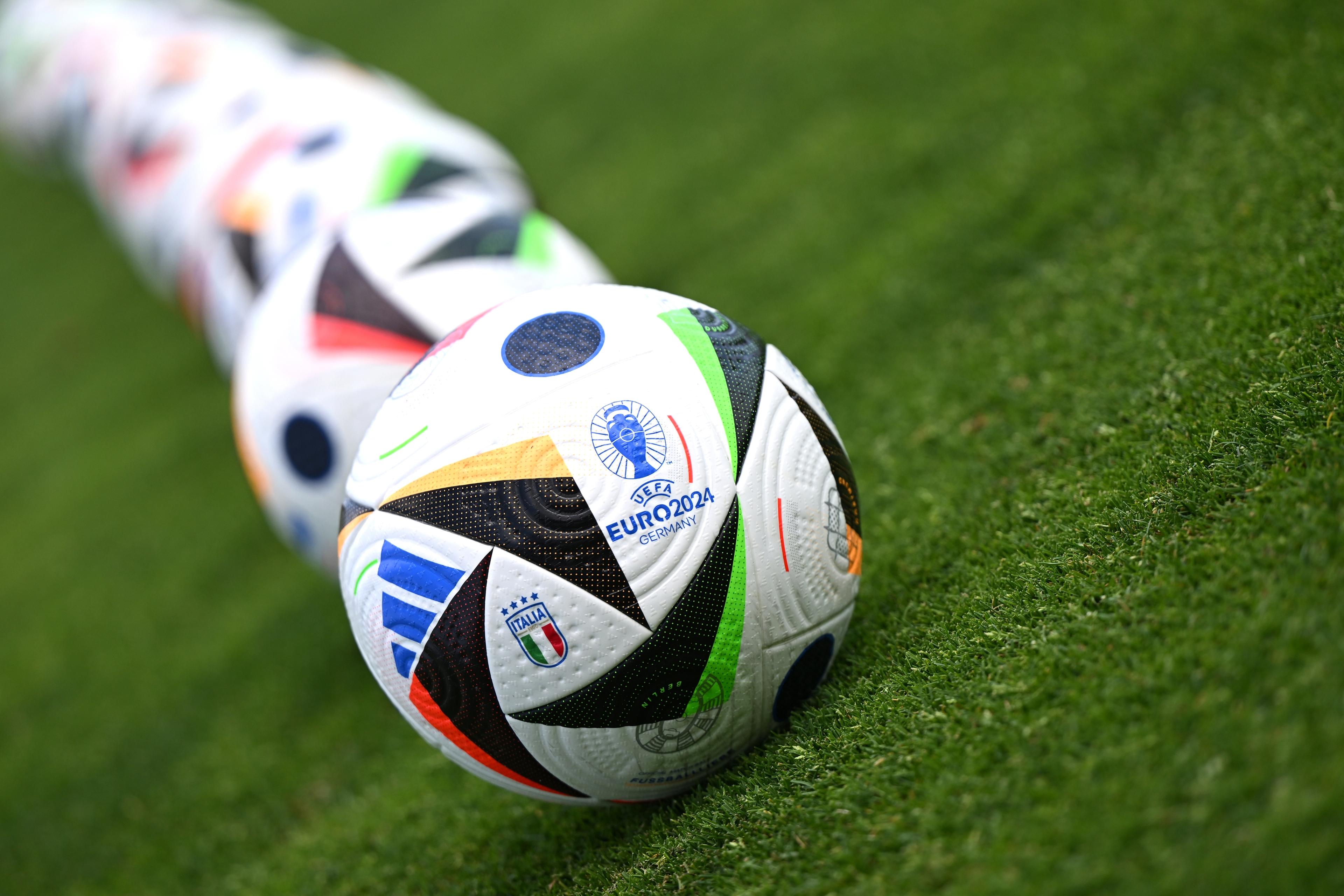 FLORENCE, ITALY - JUNE 05: A detailed view of the UEFA Euro 2024 match ball at Centro Tecnico Federale di Coverciano before the Friendly Match beteween Italy and Italy U20 on June 05, 2024 in Florence, Italy.  (Photo by Claudio Villa/Getty Images)