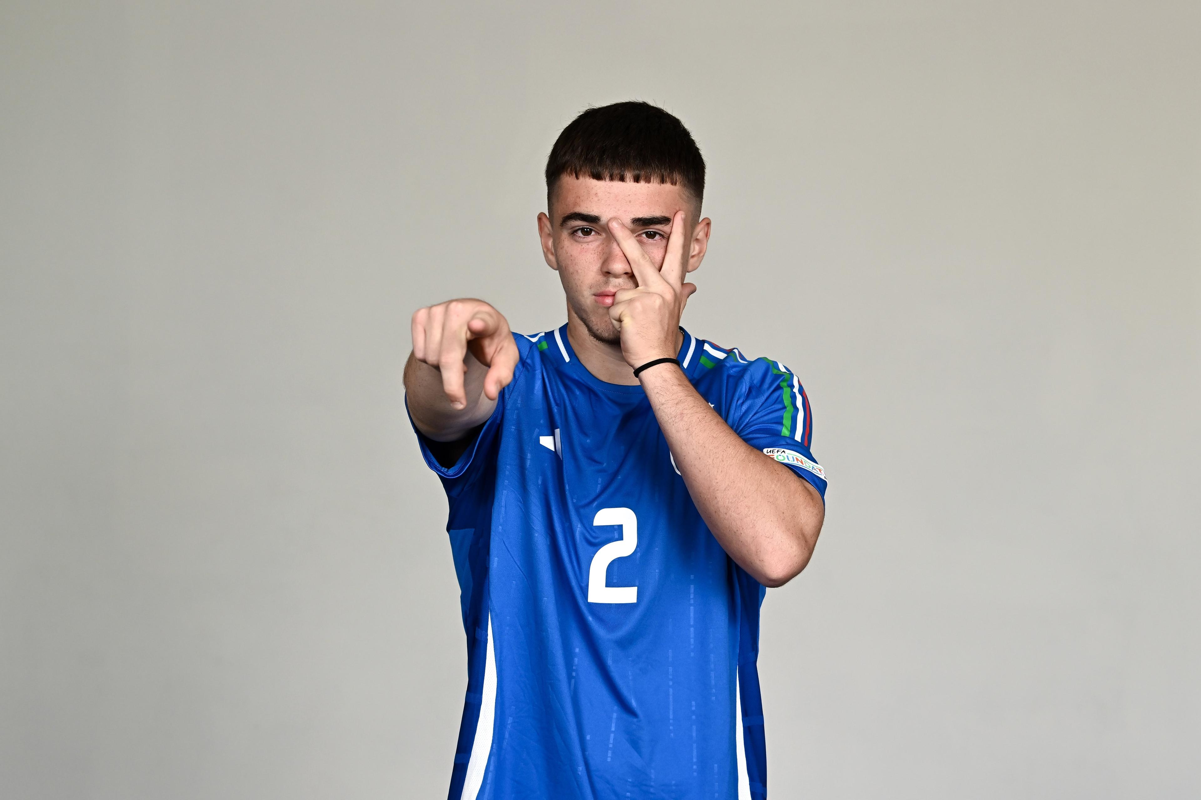 AYIA NAPA, CYPRUS - MAY 20: Emanuel Benjamin De Sant'Ana Balbinot poses for a portrait during a Italy squad portrait session at the UEFA European Under-17 Championship 2023/2024 in the Capo Bay Hotel on May 20, 2024 in Ayia Napa, Cyprus. (Photo by Piaras Ó MÃdheach - Sportsfile/UEFA via Getty Images)
