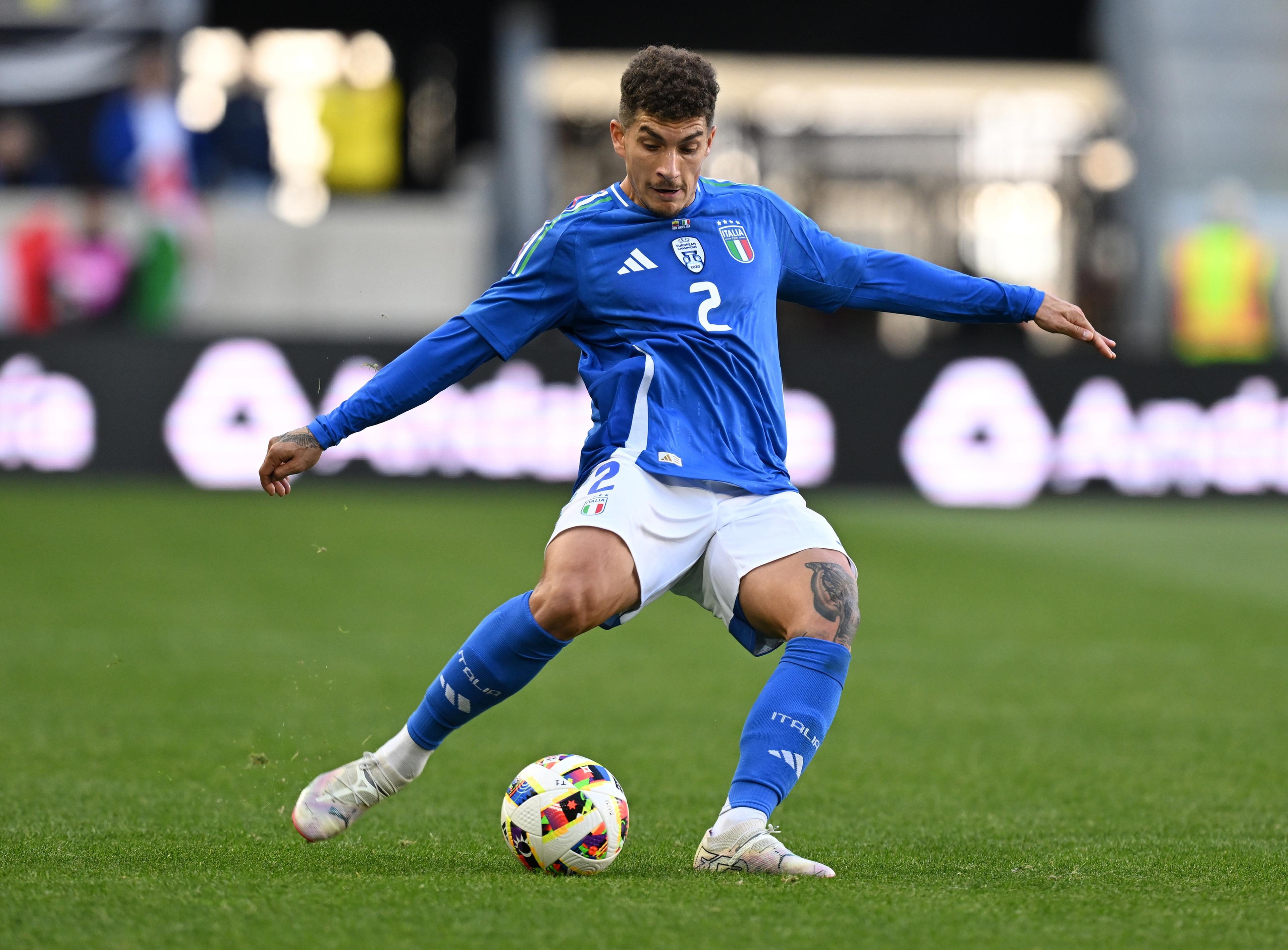 HARRISON, NEW JERSEY - MARCH 24: Giovanni Di Lorenzo of Italy in aaction during the International Friendly match between Ecuador and Italy at Red Bull Arena on March 24, 2024 in Harrison, New Jersey. (Photo by Claudio Villa/Getty Images)