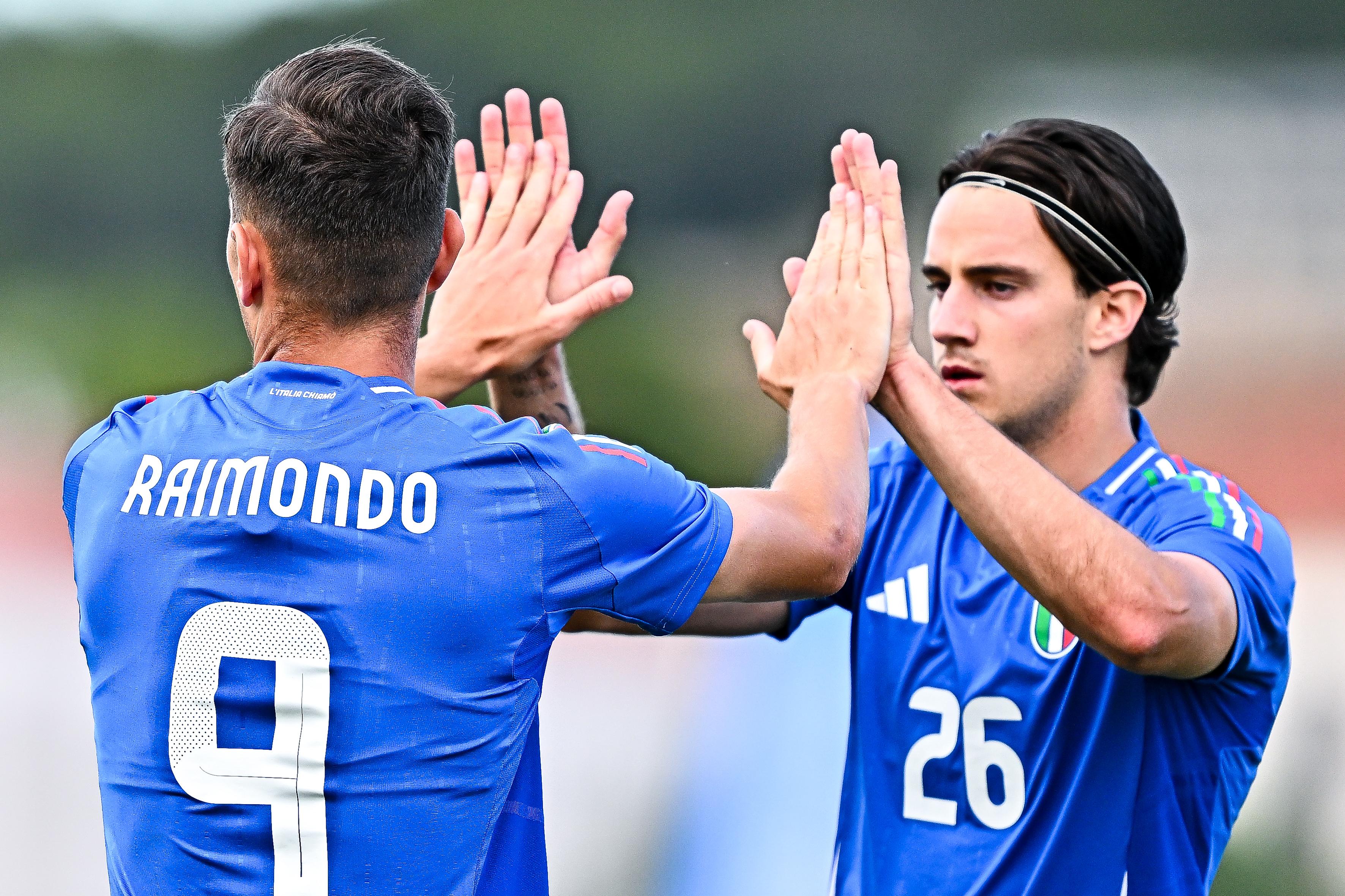 SALON-DE-PROVENCE, FRANCE - JUNE 12: Antonio Raimondo of Italy U21 (left) celebrates with his team-mate Edoardo Pieragnolo after scoring a goal during the 50th Tournoi Maurice Revello match between Italy U21 and Indonesia U20 at Stade Marcel Roustan on June 12, 2024 in Salon-de-Provence, France. (Photo by Simone Arveda/Getty Images)