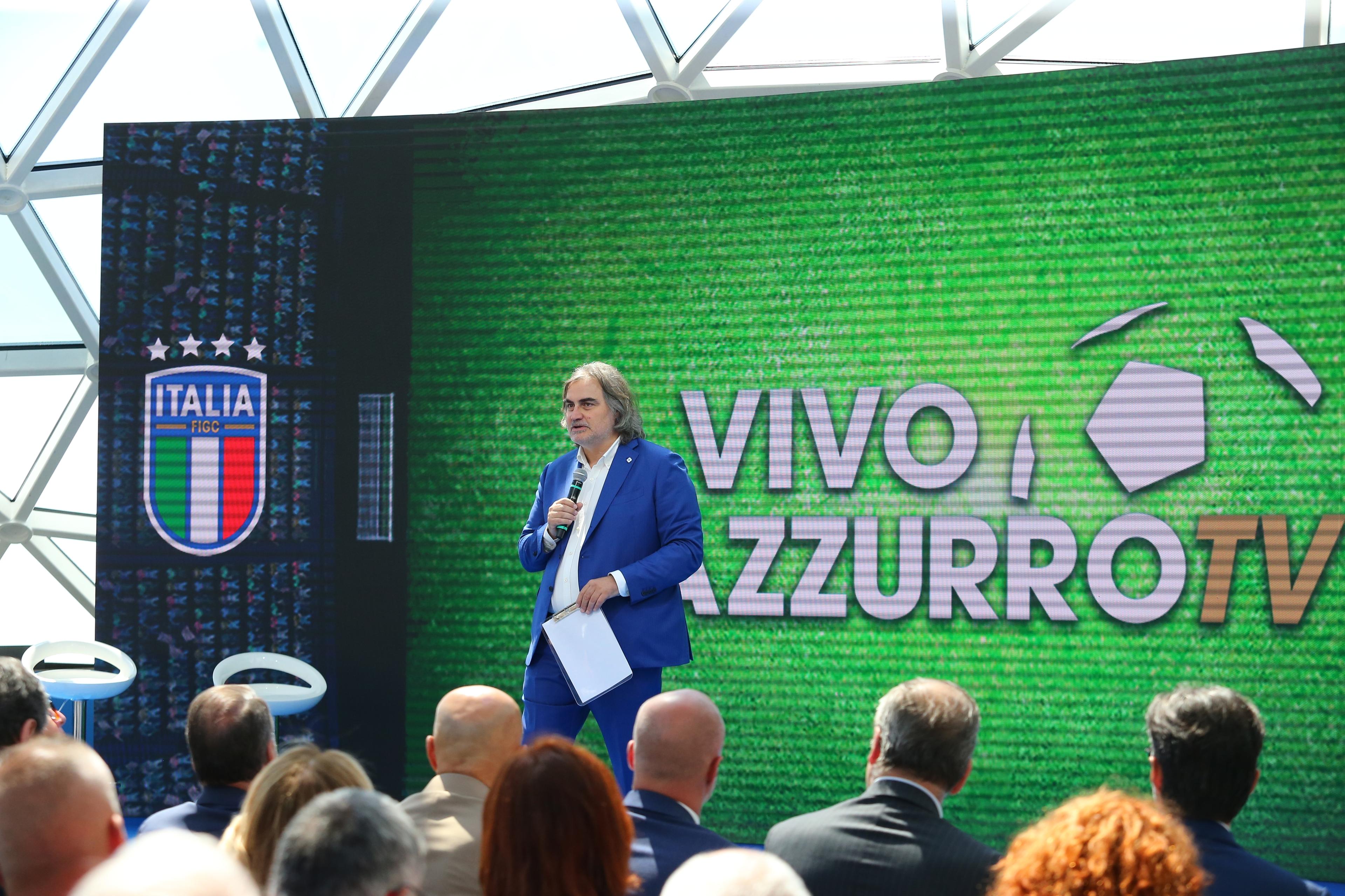 ROME, ITALY - MAY 14: Pierluigi Pardo during Vivoazzurro TV Unveiling at La lanterna di Fuksas on May 14, 2024 in Rome, Italy. (Photo by Paolo Bruno/Getty Images)