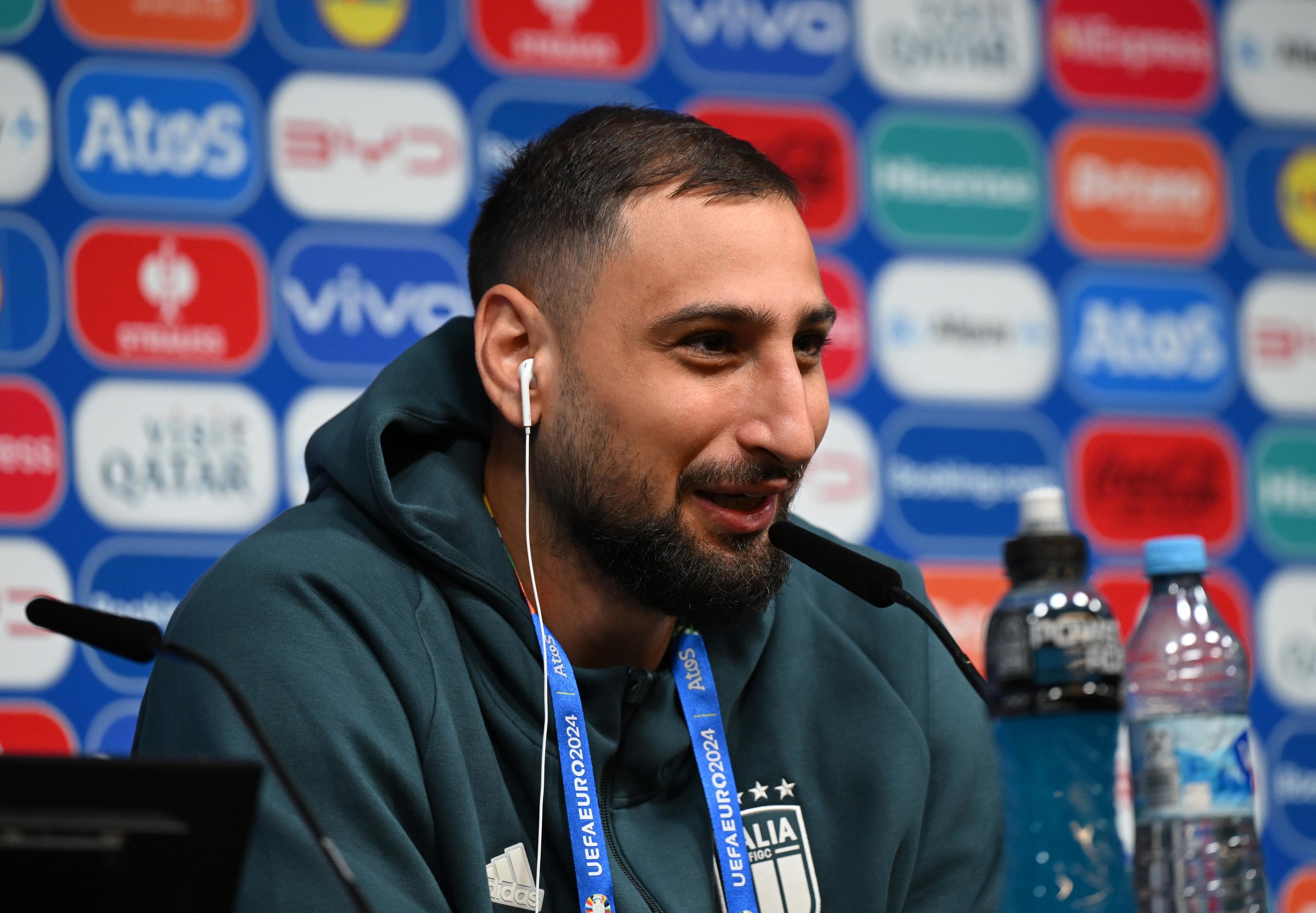 DORTMUND, GERMANY - JUNE 14: Gianluigi Donnarumma of Italy speaks with the media during Italy press conference on June 14, 2024 in Dortmund, Germany. (Photo by Claudio Villa/Getty Images for FIGC)