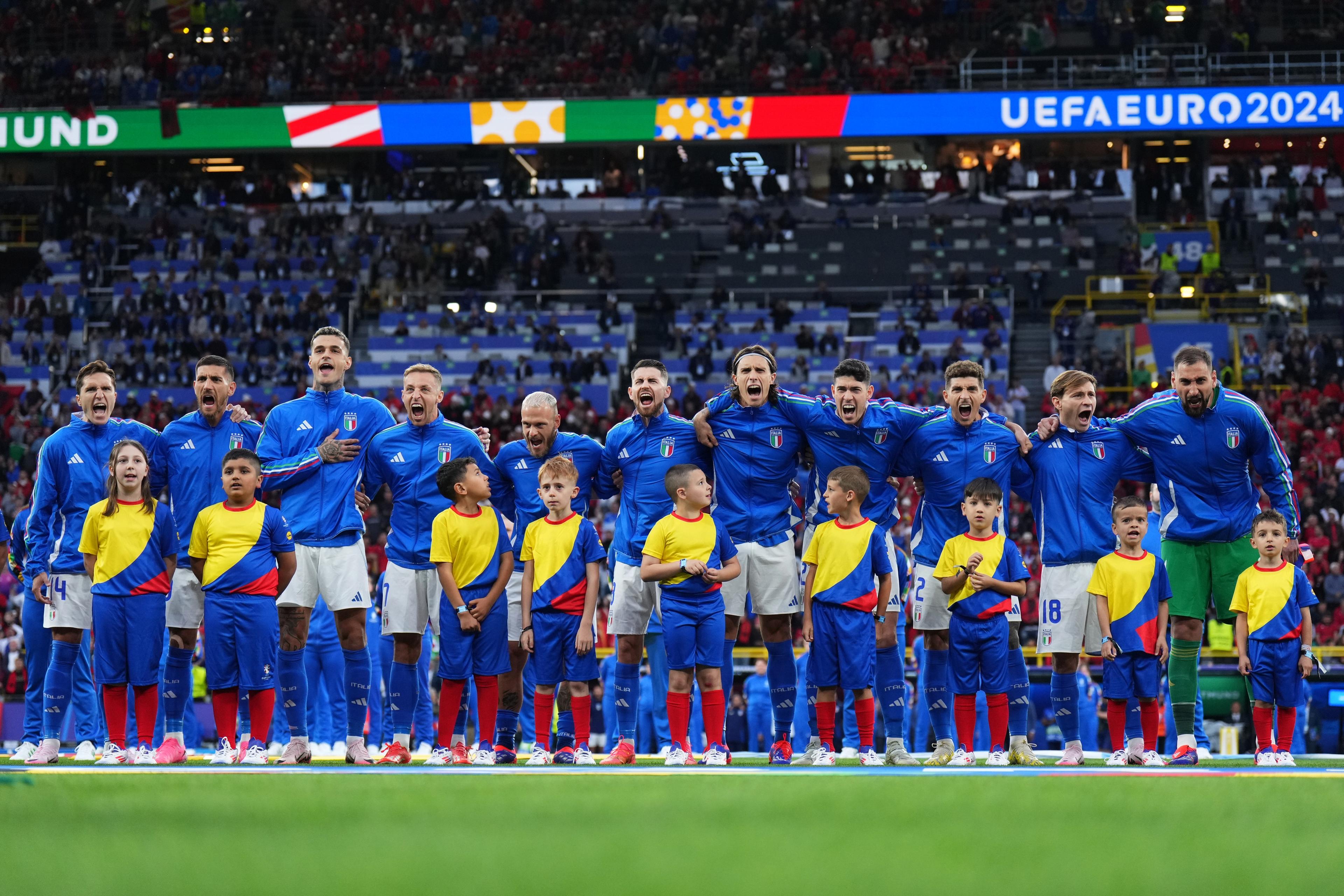 DORTMUND, GERMANY - JUNE 15: Italy players line up for the national anthems prior to the UEFA EURO 2024 group stage match between Italy and Albania at Football Stadium Dortmund on June 15, 2024 in Dortmund, Germany. (Photo by Angel Martinez - UEFA/UEFA via Getty Images)
