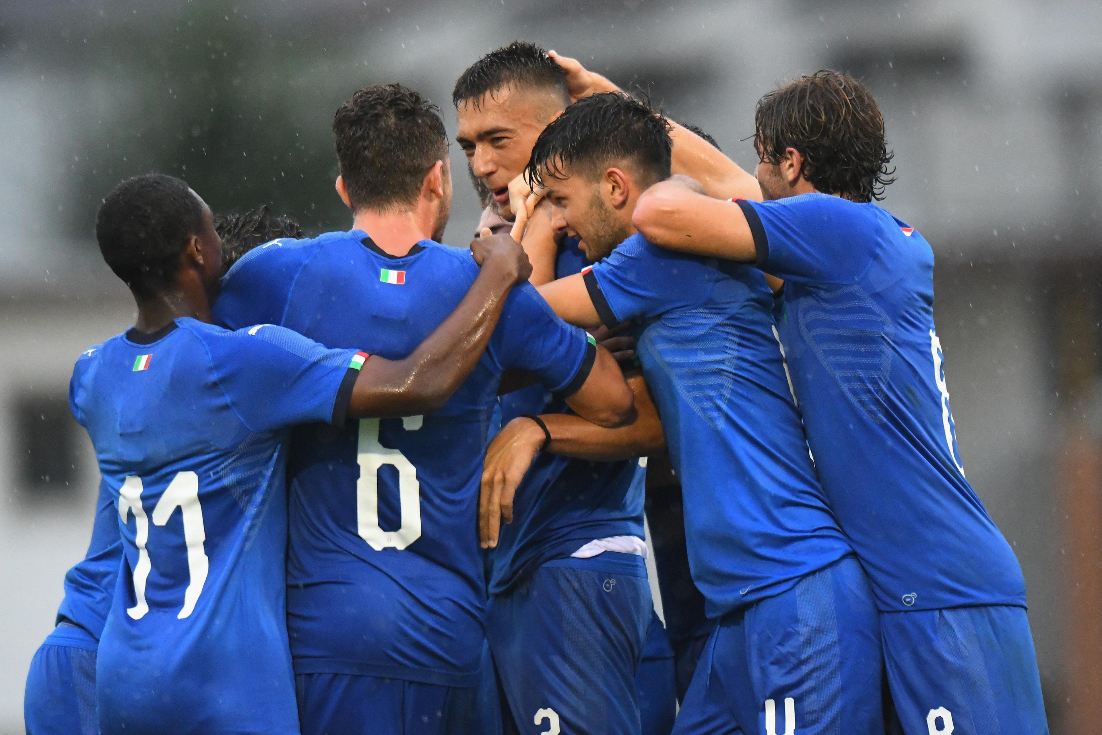 GORIZIA, ITALY - AUGUST 14:  Simone Canestrelli of Italy U19 celebrates after scoring the opening goal during the International Friendly Italy U19 and Croatia U19 at Stadio Enzo Bearzot on August 14, 2018 in Gorizia, Italy.  (Photo by Alessandro Sabattini/Getty Images)