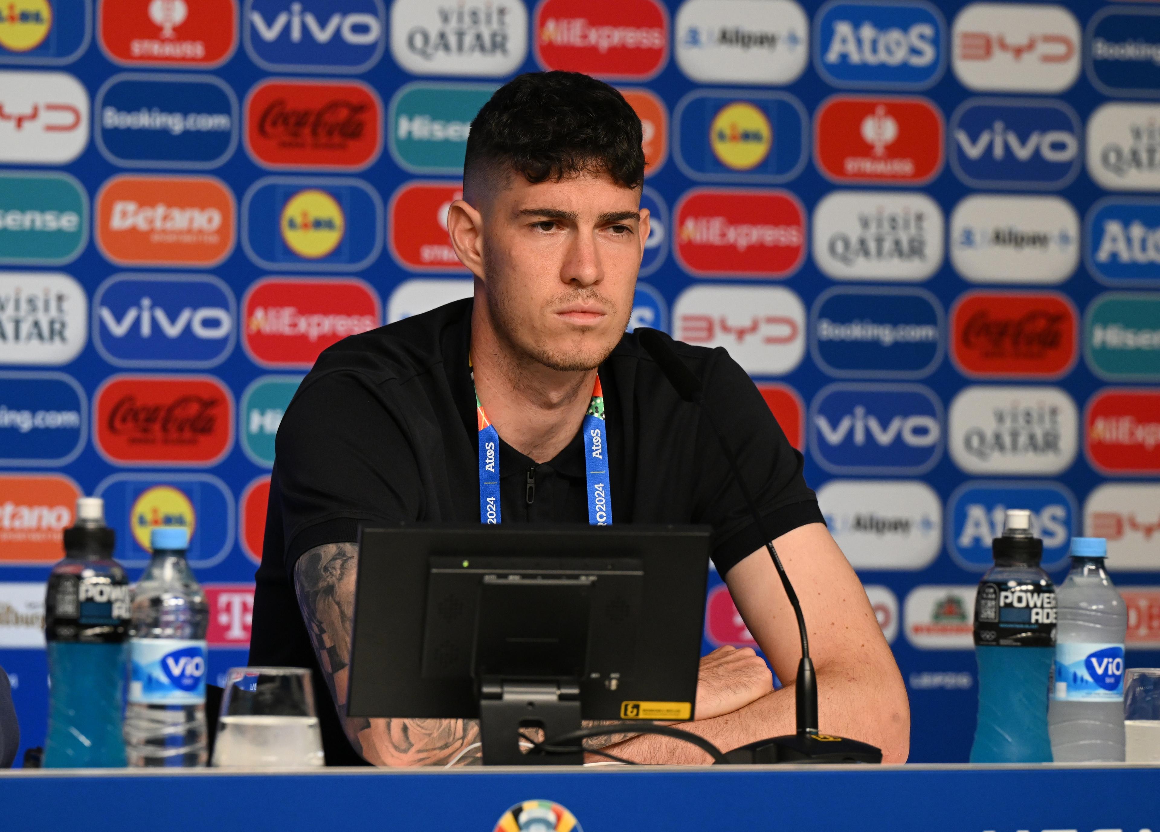 LEIPZIG, GERMANY - JUNE 23: Alessandro Bastoni of Italy looks on during a press conferenc at Football Stadium Leipzig on June 23, 2024 in Leipzig, Germany. (Photo by Claudio Villa/Getty Images for FIGC)