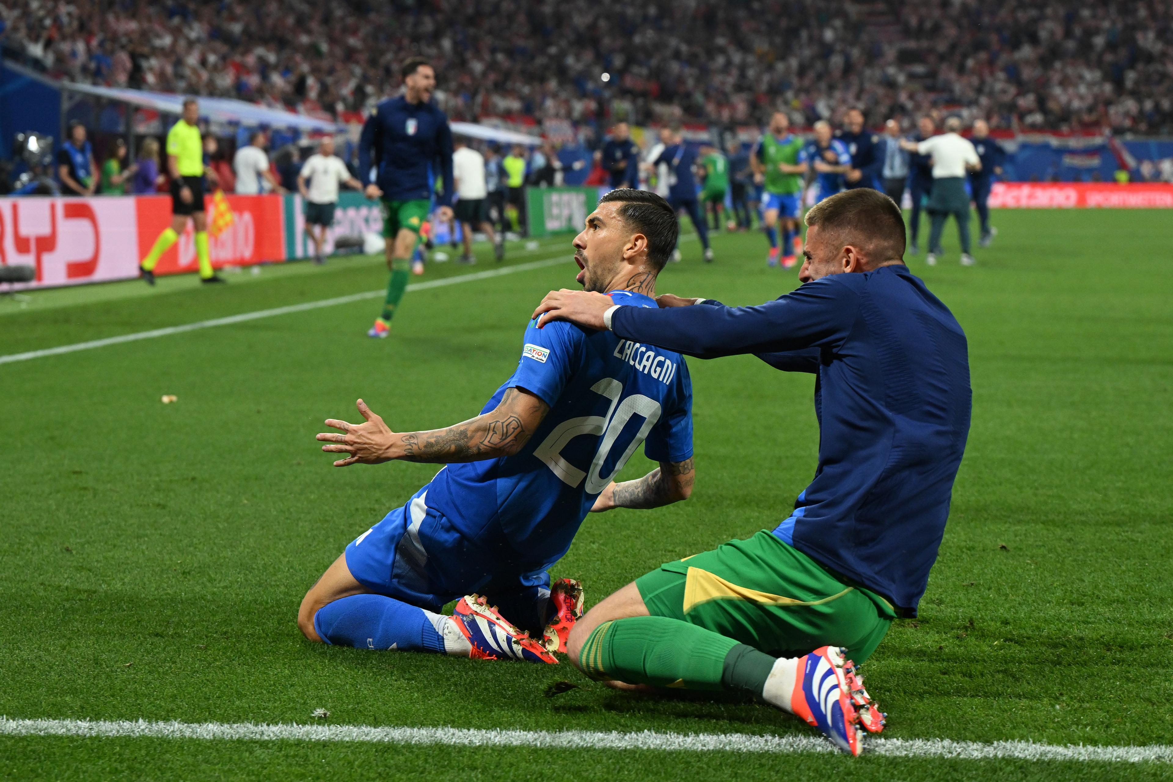 LEIPZIG, GERMANY - JUNE 24: Mattia Zaccagni of Italy celebrates scoring his team's first goal to equalise during the UEFA EURO 2024 group stage match between Croatia and Italy at Football Stadium Leipzig on June 24, 2024 in Leipzig, Germany. (Photo by Claudio Villa/Getty Images for FIGC)