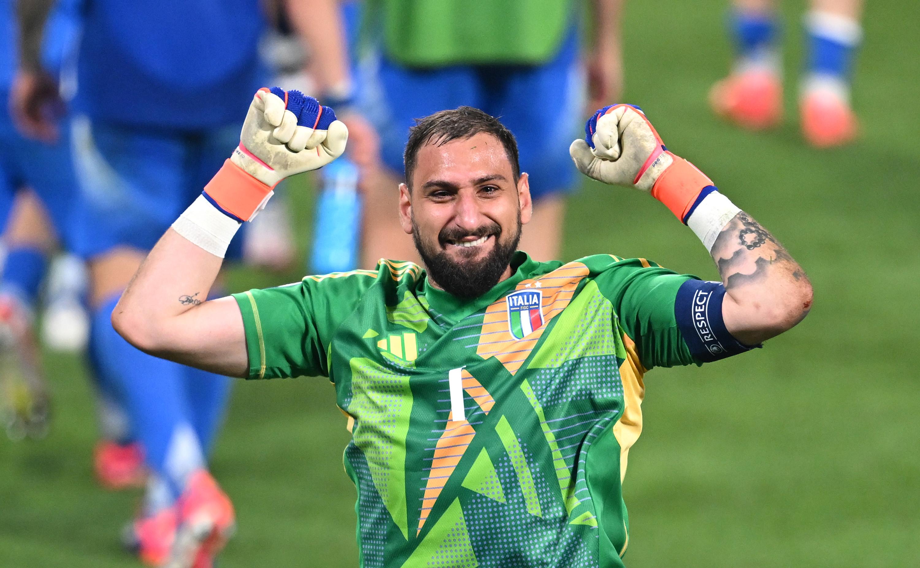 LEIPZIG, GERMANY - JUNE 24: Gianluigi Donnarumma of Italy celebrates at full-time following the team's draw in the UEFA EURO 2024 group stage match between Croatia and Italy at Football Stadium Leipzig on June 24, 2024 in Leipzig, Germany. (Photo by Tullio Puglia - UEFA/UEFA via Getty Images)