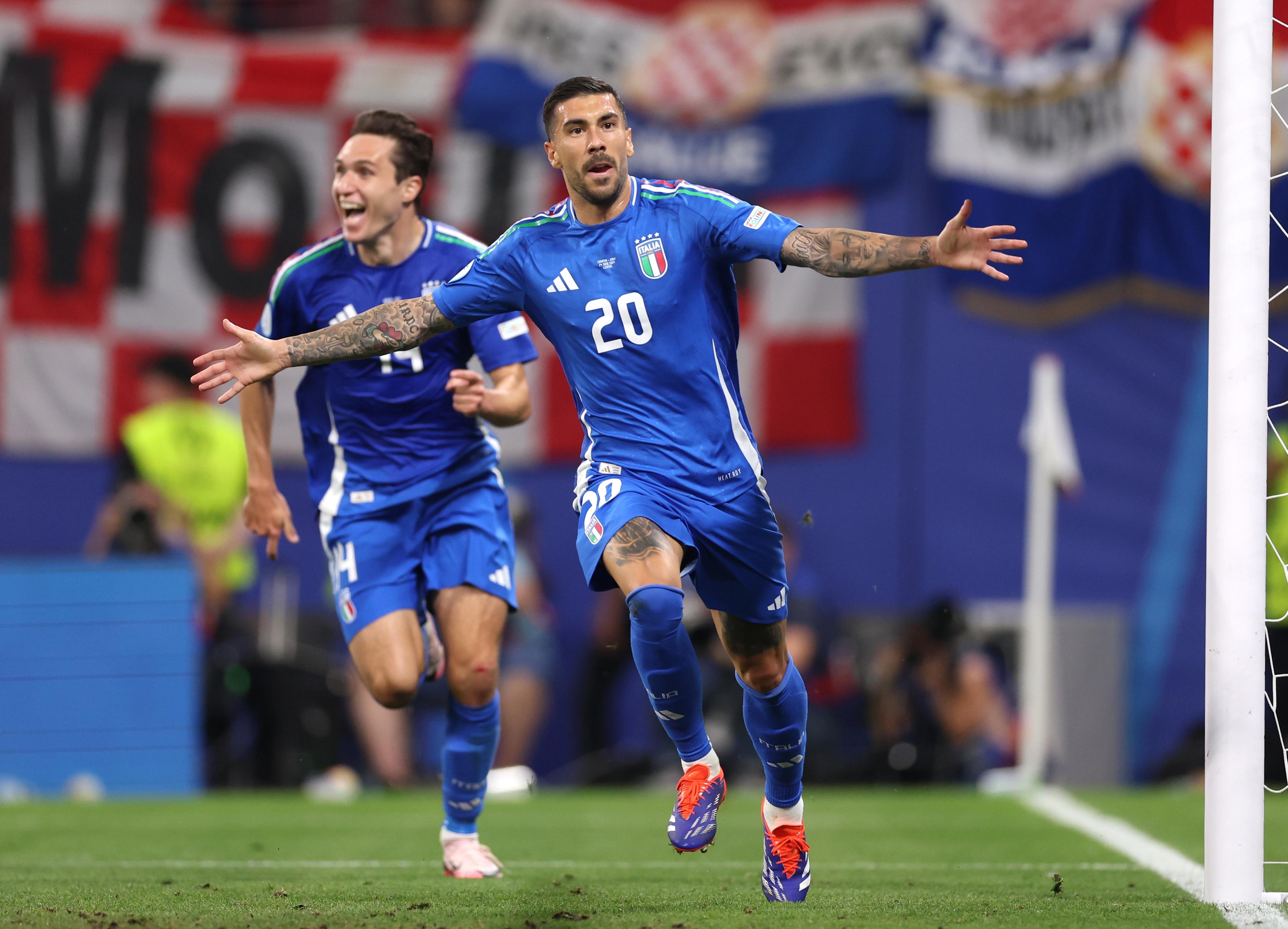 LEIPZIG, GERMANY - JUNE 24: Mattia Zaccagni of Italy celebrates scoring his team's first goal to equalise during the UEFA EURO 2024 group stage match between Croatia and Italy at Football Stadium Leipzig on June 24, 2024 in Leipzig, Germany. (Photo by Alex Pantling - UEFA/UEFA via Getty Images)