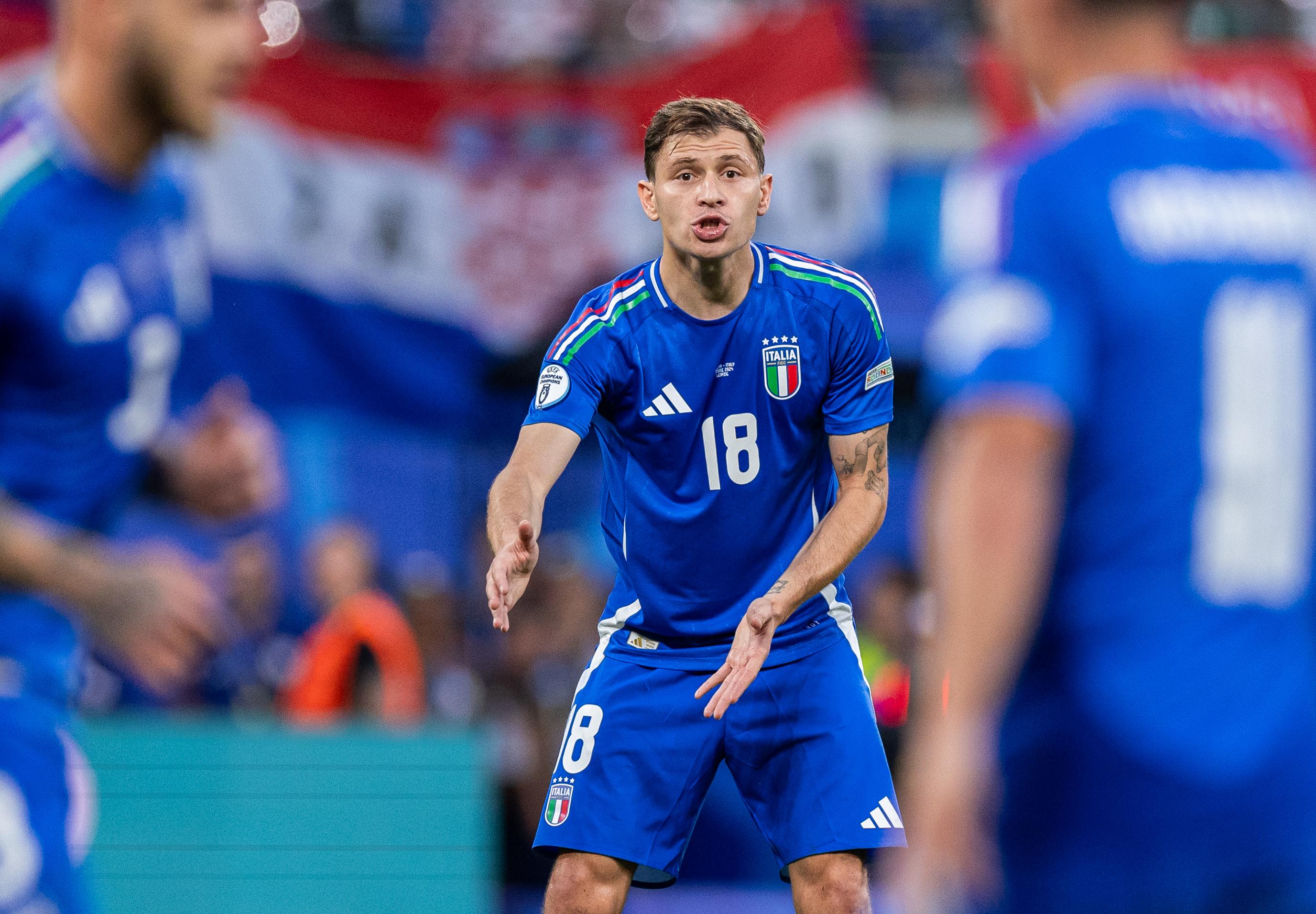 LEIPZIG, GERMANY - JUNE 24: Nicolo Barella of Italy gestures during the UEFA EURO 2024 group stage match between Croatia and Italy at Football Stadium Leipzig on June 24, 2024 in Leipzig, Germany. (Photo by Boris Streubel - UEFA/UEFA via Getty Images)