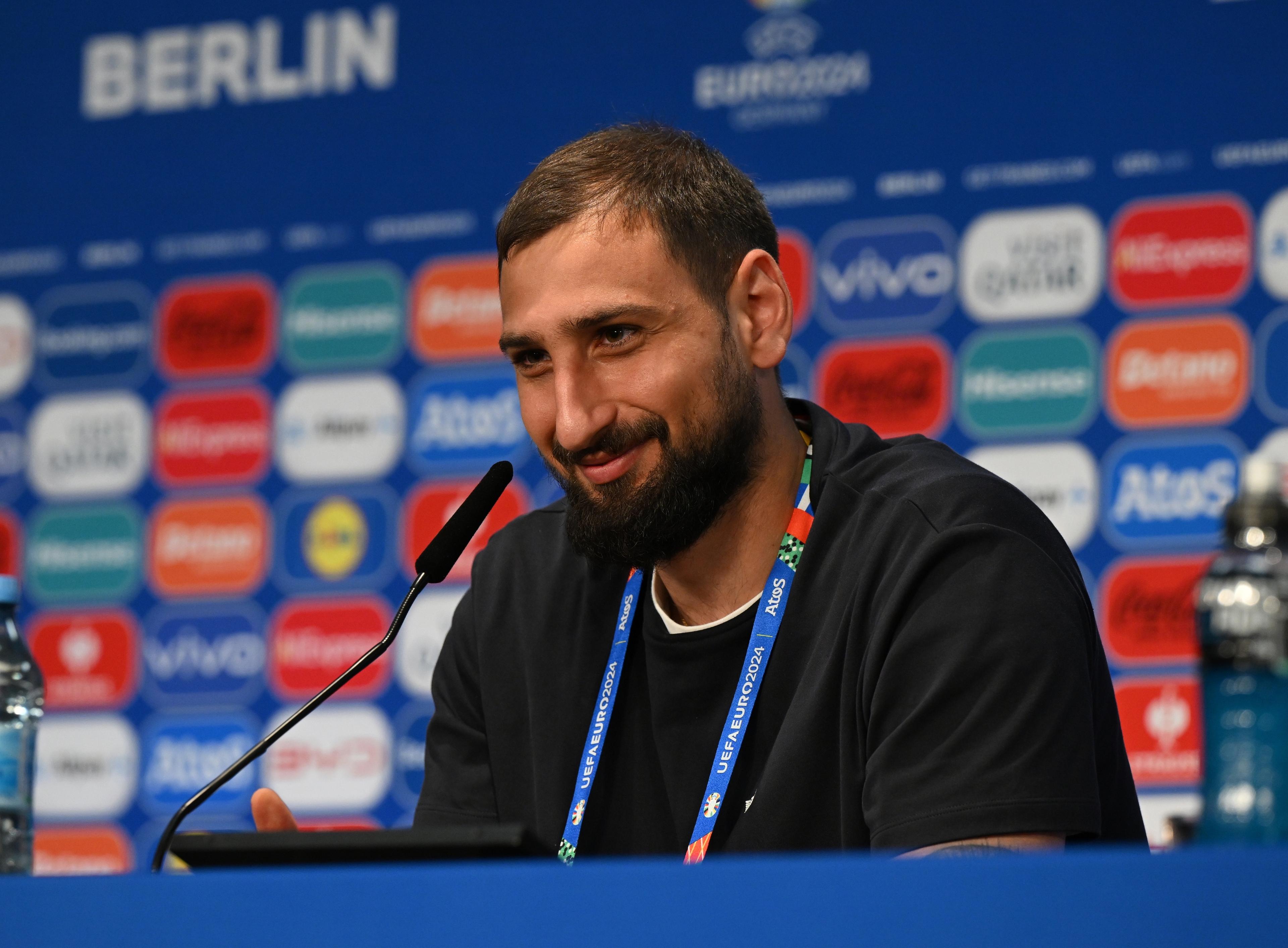 BERLIN, GERMANY - JUNE 28: Gianluigi Donnarumma of Italy speaks during the press conference at Olympiastadion on June 28, 2024 in Berlin, Germany. (Photo by Claudio Villa/Getty Images for FIGC)