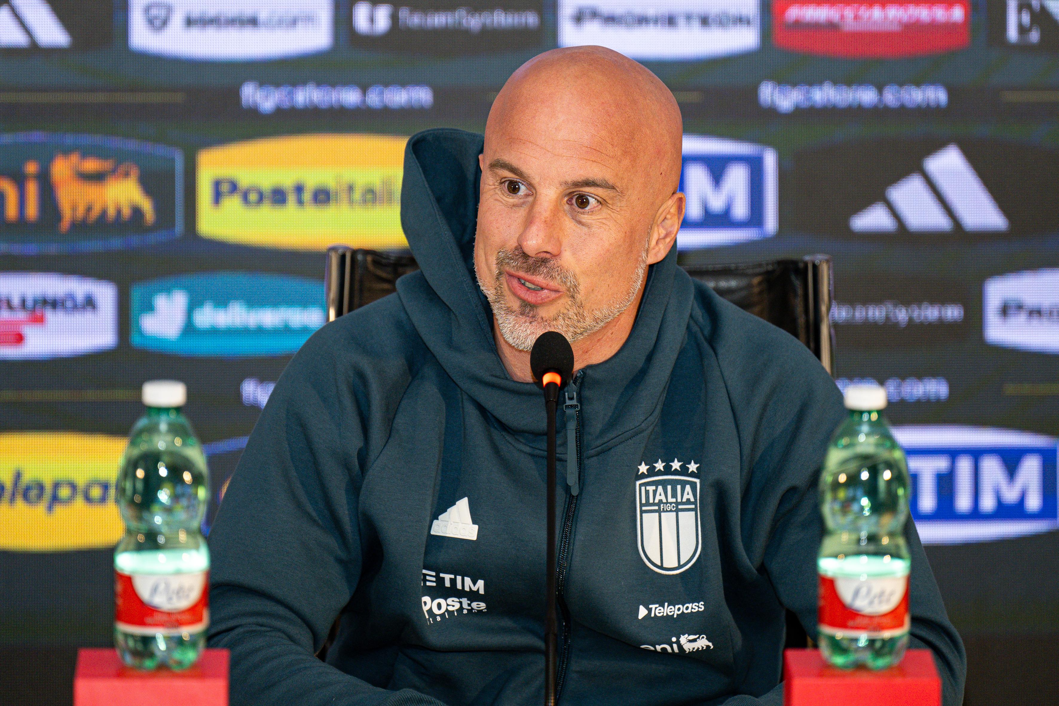 FLORENCE, ITALY - APRIL 2: Andrea Soncin, head coach of Italy, is seen during a press conference held after a training session at Centro Tecnico Federale di Coverciano on April 2, 2024 in Florence, Italy. (Photo by Simone Arveda/Getty Images)