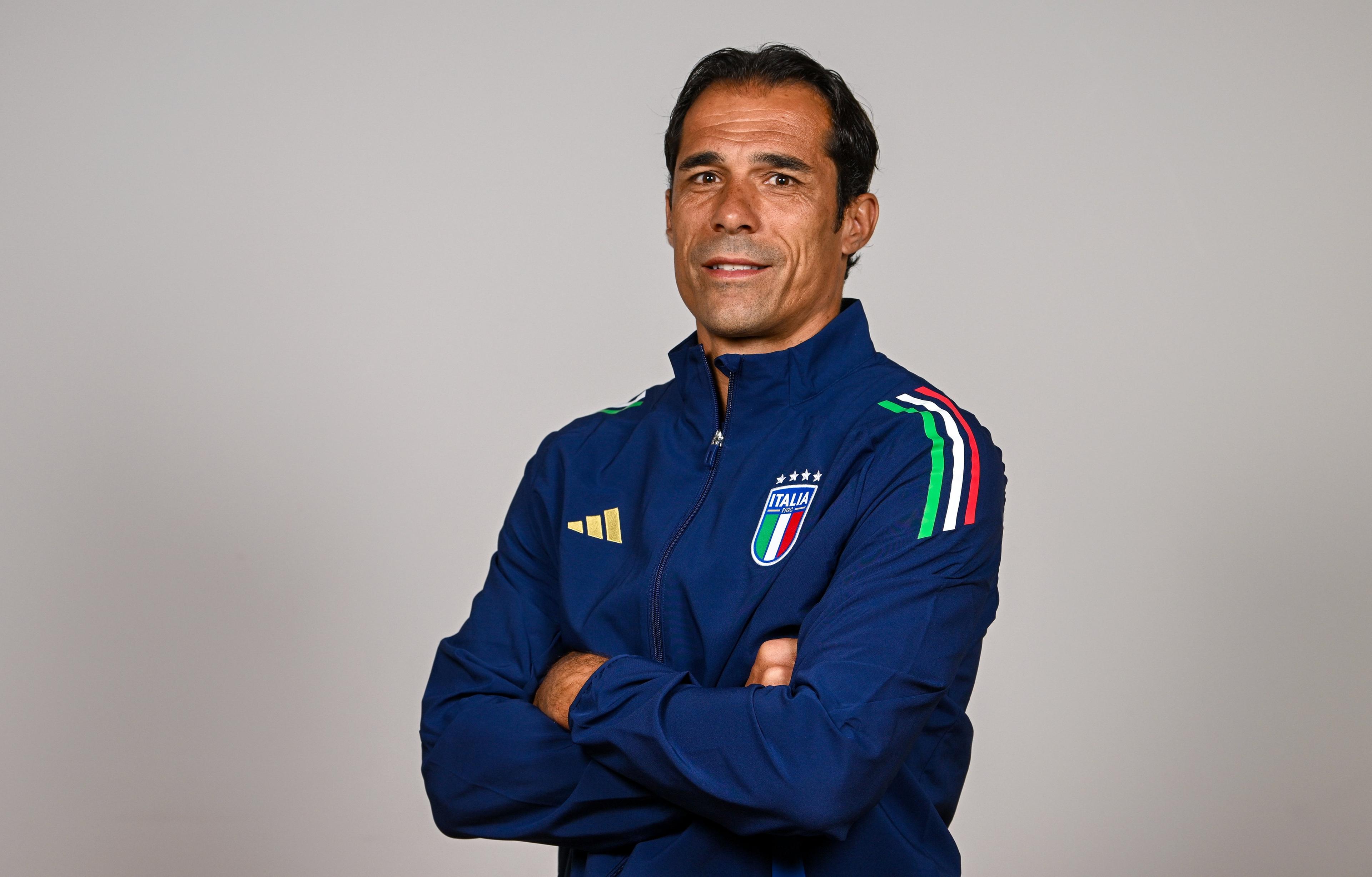 BELFAST, NORTHERN IRELAND - JULY 13: Head coach Bernardo Corradi during a Italy squad portrait session at the UEFA European Under-19 Championship 2024 finals tournament on July 13, 2024 in Belfast, Northern Ireland. (Photo by Ramsey Cardy - Sportsfile/UEFA via Getty Images)