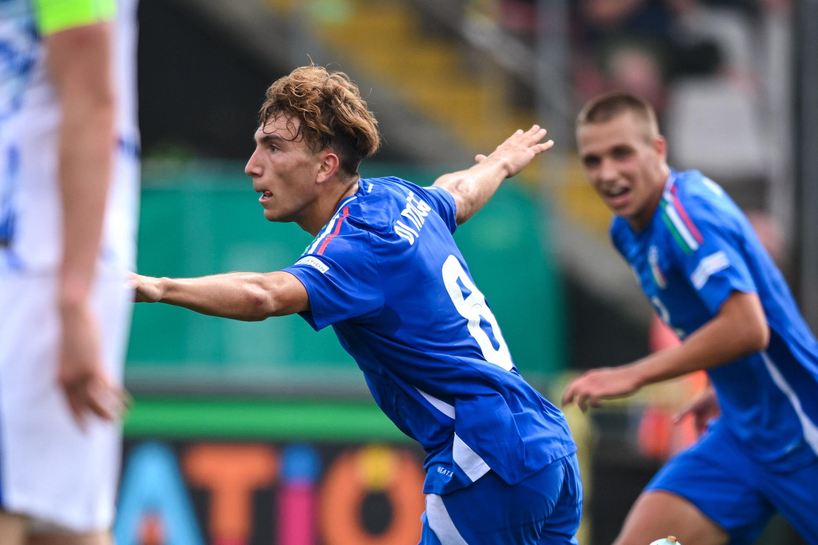 BELFAST, NORTHERN IRELAND - JULY 15: Luca Di Maggio of Italy celebrates after scoring his side\\'s first goal during the UEFA European Under-19 Championship 2024 Group A match between Italy and Norway at Seaview in Belfast on July 15, 2024 in Belfast, Northern Ireland. (Photo by Ramsey Cardy - Sportsfile/UEFA via Getty Images)