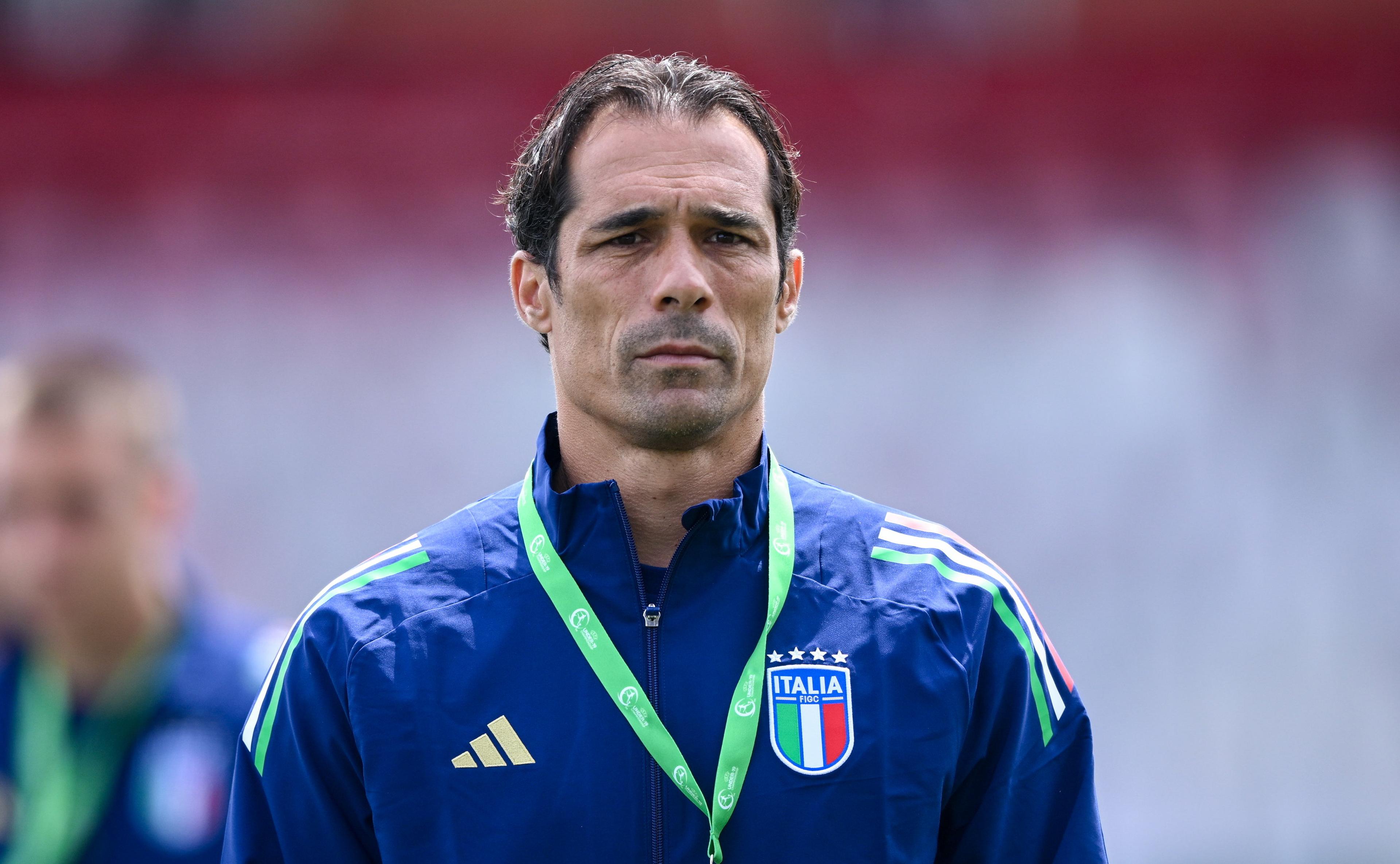 BELFAST, NORTHERN IRELAND - JULY 15: Italy head coach Bernardo Corradi before the UEFA European Under-19 Championship 2024 Group A match between Italy and Norway at Seaview in Belfast on July 15, 2024 in Belfast, Northern Ireland. (Photo by Ramsey Cardy - Sportsfile/UEFA via Getty Images)