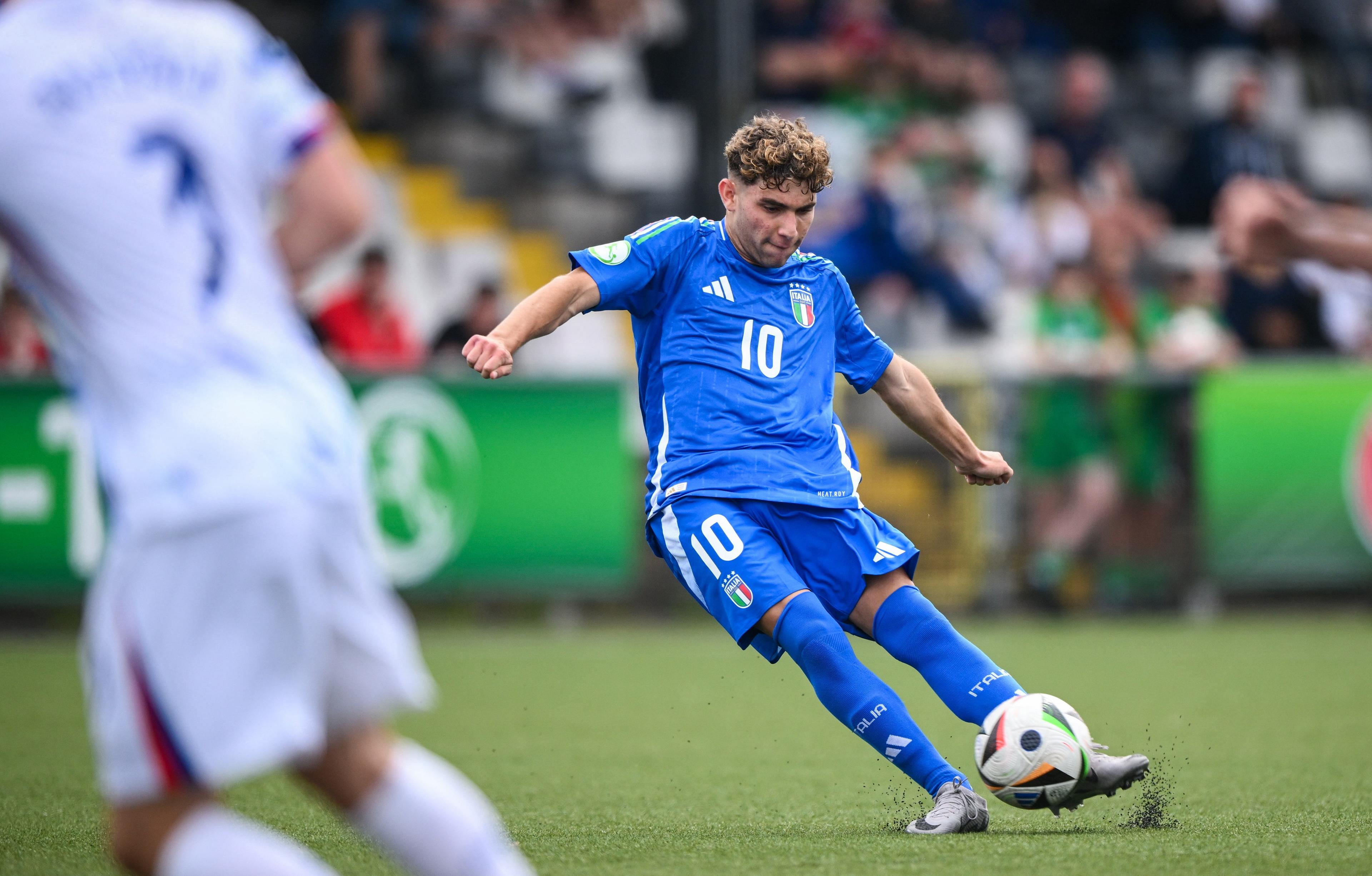 BELFAST, NORTHERN IRELAND - JULY 15: Sondre Granaas of Norway takes a free kick during the UEFA European Under-19 Championship 2024 Group A match between Italy and Norway at Seaview in Belfast on July 15, 2024 in Belfast, Northern Ireland. (Photo by Ramsey Cardy - Sportsfile/UEFA via Getty Images)