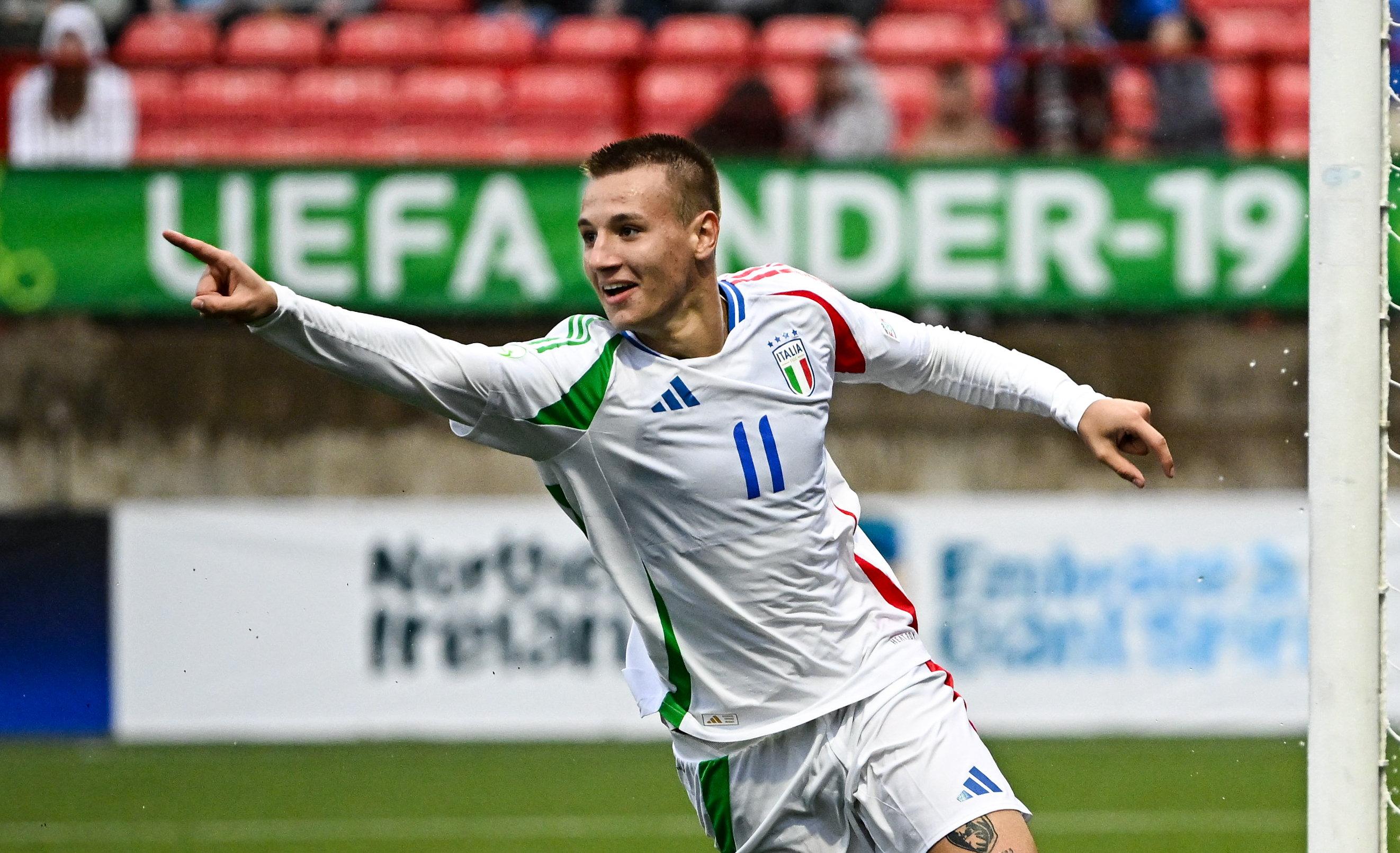 LARNE, NORTHERN IRELAND - JULY 18: Francesco Camarda of Italy celebrates after scoring his side's third goal during the UEFA European Under-19 Championship 2024 Group A match between Northern Ireland and Italy at Inver Park on July 18, 2024 in Larne, Northern Ireland. (Photo by Seb Daly - Sportsfile/UEFA via Getty Images)