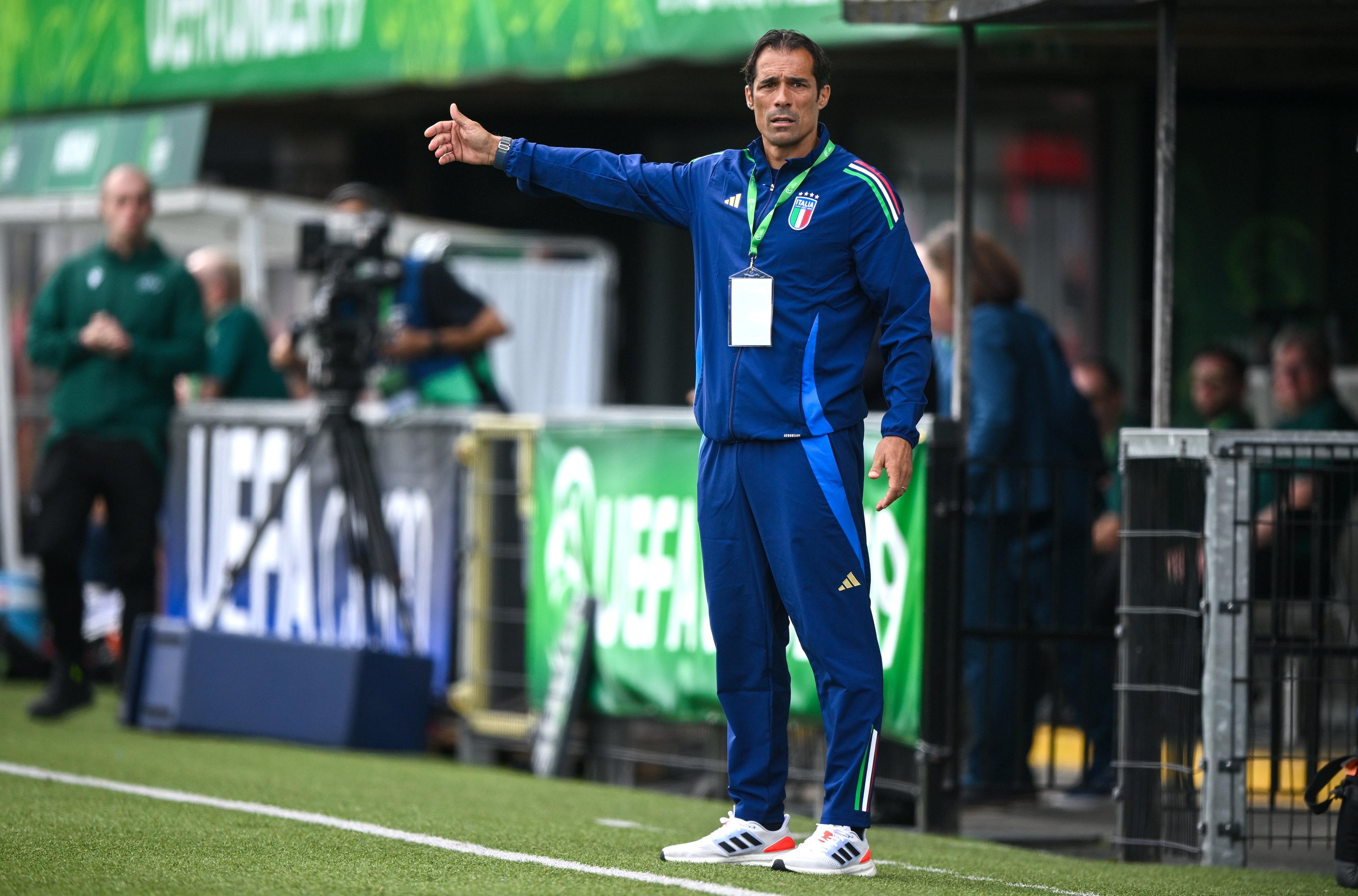 BELFAST, NORTHERN IRELAND - JULY 15: Italy head coach Bernardo Corradi during the UEFA European Under-19 Championship 2024 Group A match between Italy and Norway at Seaview in Belfast on July 15, 2024 in Belfast, Northern Ireland. (Photo by Ramsey Cardy - Sportsfile/UEFA via Getty Images)