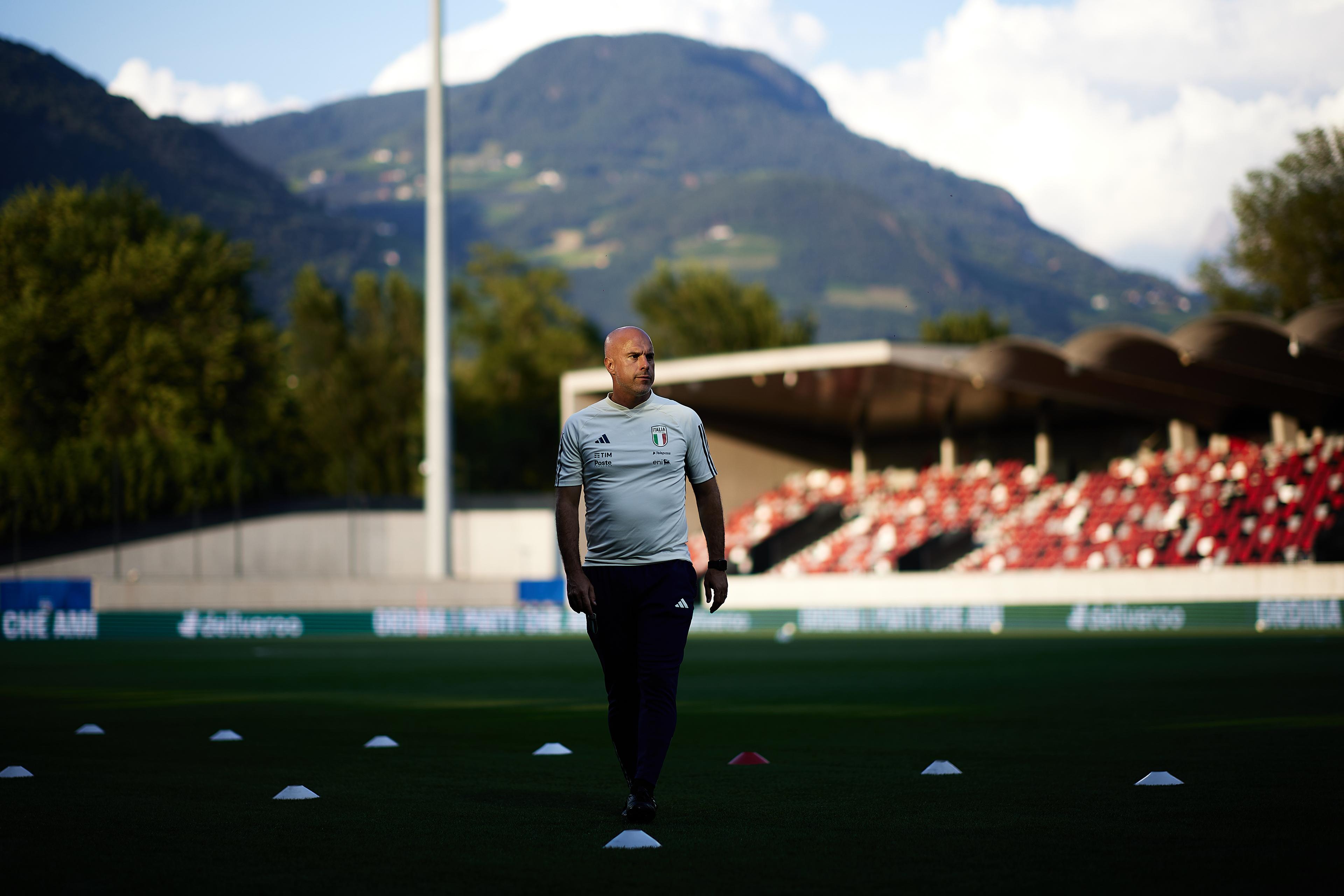 BOLZANO, ITALY - JULY 15: Andrea Soncin, Head Coach of Italy looks on during Italy Women Training Session & Press Conference on July 15, 2024 in Bolzano, Italy. (Photo by Emmanuele Ciancaglini/Getty Images)