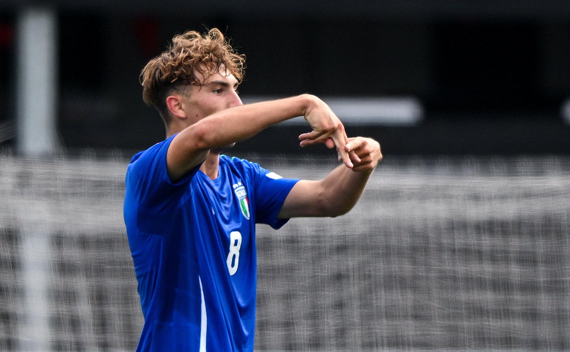 BELFAST, NORTHERN IRELAND - JULY 15: Luca Di Maggio of Italy celebrates after scoring his side's first goal during the UEFA European Under-19 Championship 2024 Group A match between Italy and Norway at Seaview in Belfast on July 15, 2024 in Belfast, Northern Ireland. (Photo by Ramsey Cardy - Sportsfile/UEFA via Getty Images)