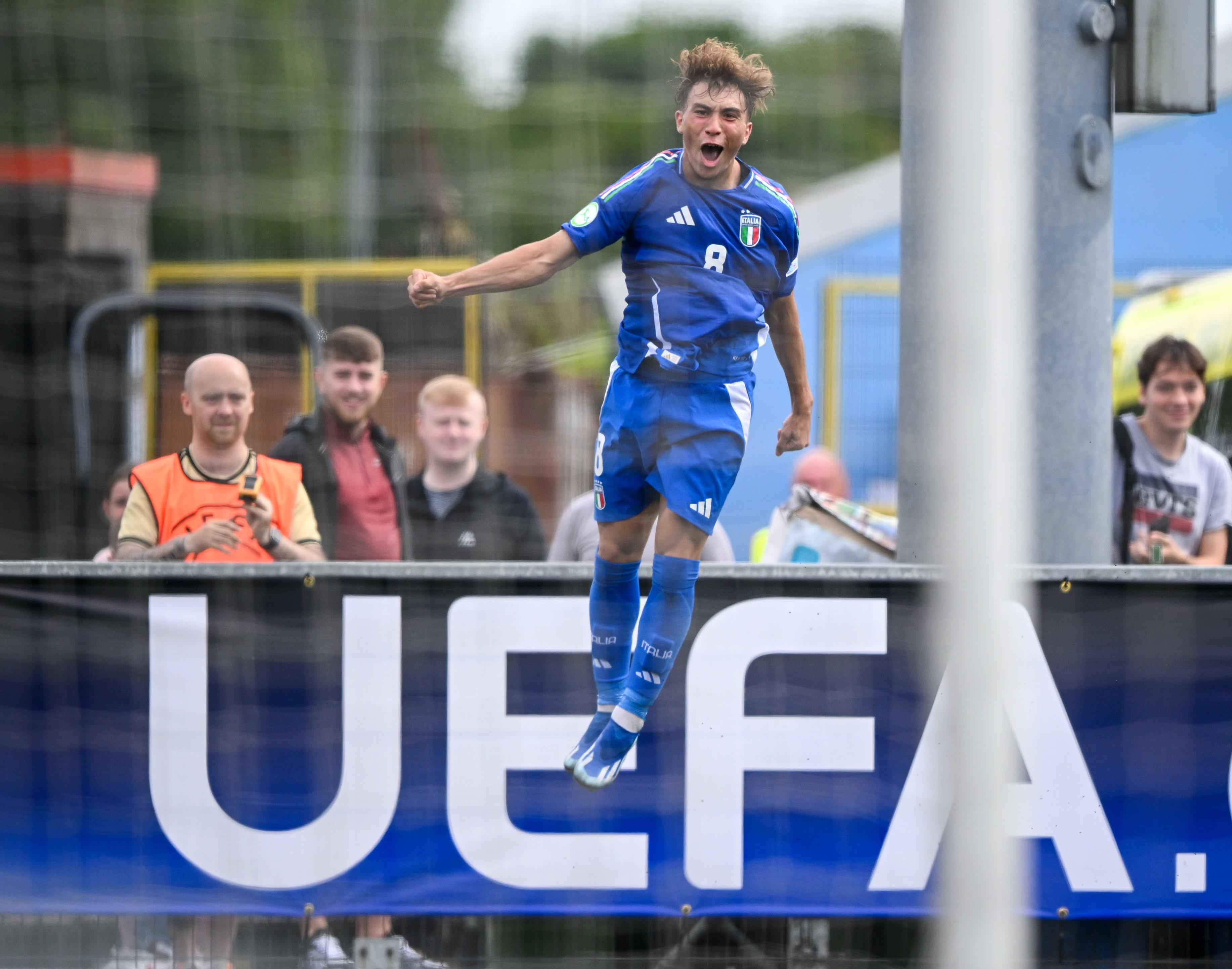 BELFAST, NORTHERN IRELAND - JULY 15: Luca Di Maggio of Italy celebrates after scoring his side's first goal during the UEFA European Under-19 Championship 2024 Group A match between Italy and Norway at Seaview in Belfast on July 15, 2024 in Belfast, Northern Ireland. (Photo by Ramsey Cardy - Sportsfile/UEFA via Getty Images)