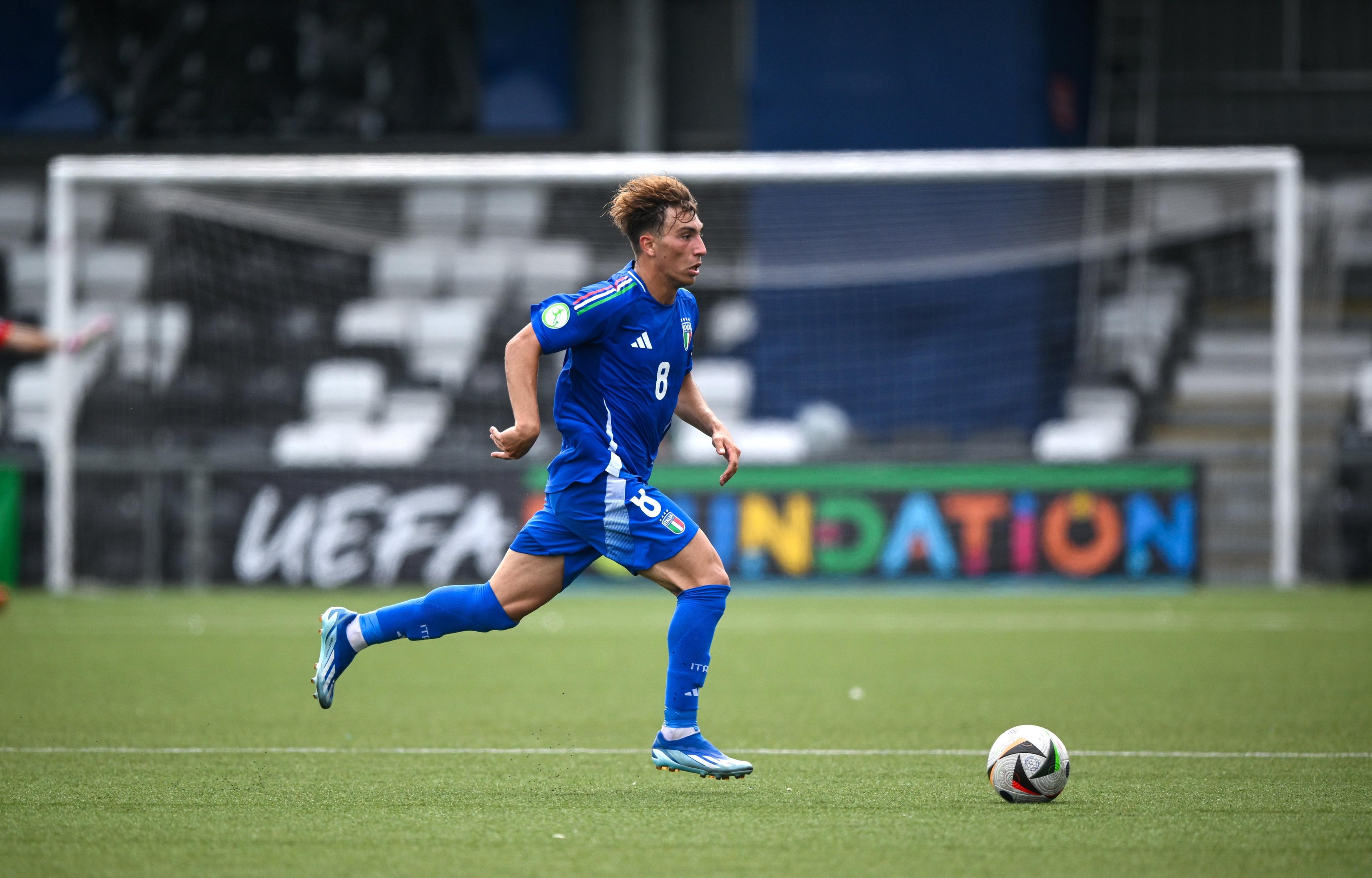 BELFAST, NORTHERN IRELAND - JULY 15: Luca Di Maggio of Italy during the UEFA European Under-19 Championship 2024 Group A match between Italy and Norway at Seaview in Belfast on July 15, 2024 in Belfast, Northern Ireland. (Photo by Ramsey Cardy - Sportsfile/UEFA via Getty Images)
