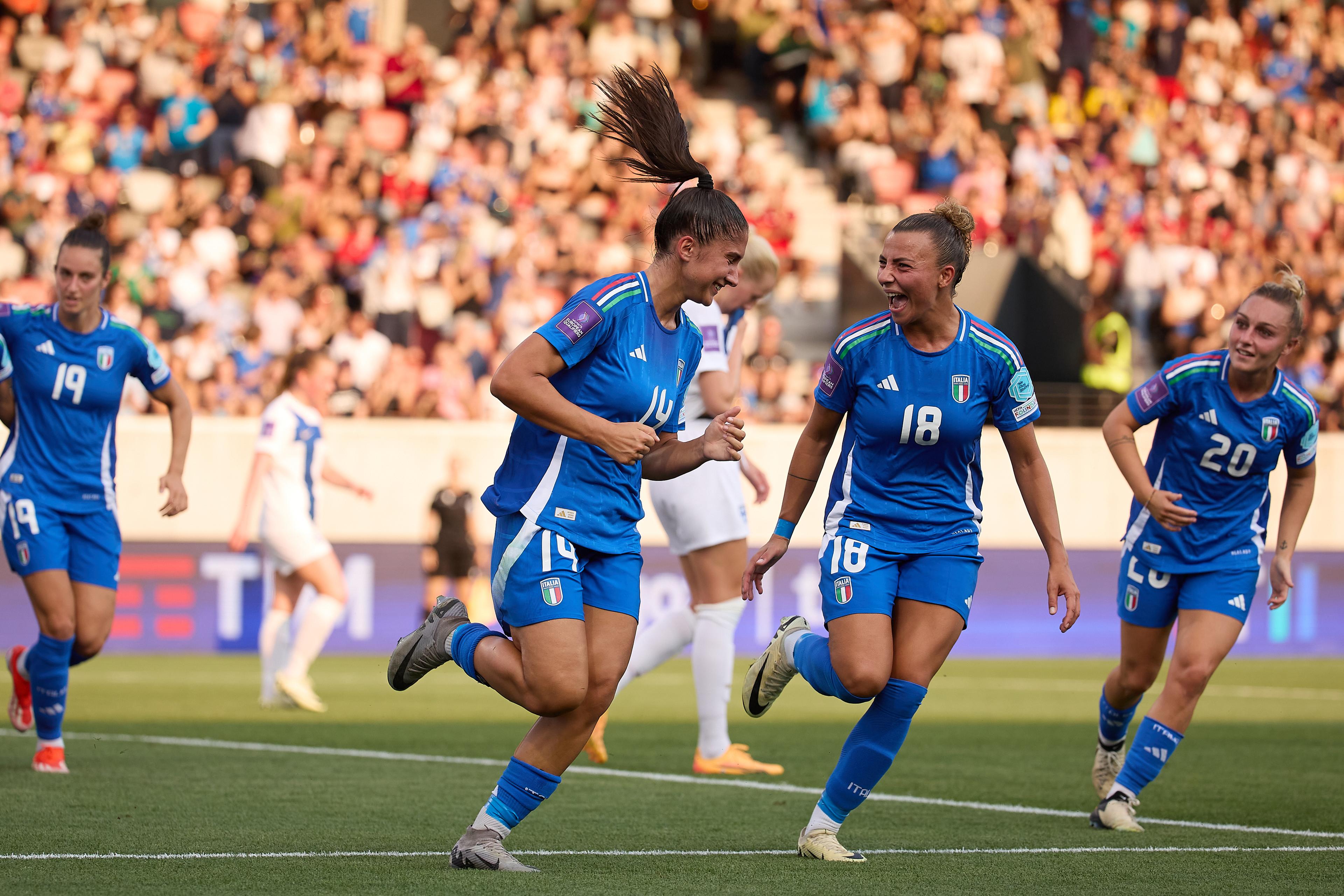 BOLZANO, ITALY - JULY 16: Chiara Beccari of Italy celebrates after scoring her team's first goal during the Women's EURO 2025 European Qualifiers match between Italy and Finland at Stadio Druso on July 16, 2024 in Bolzano, Italy. (Photo by Emmanuele Ciancaglini/Getty Images)