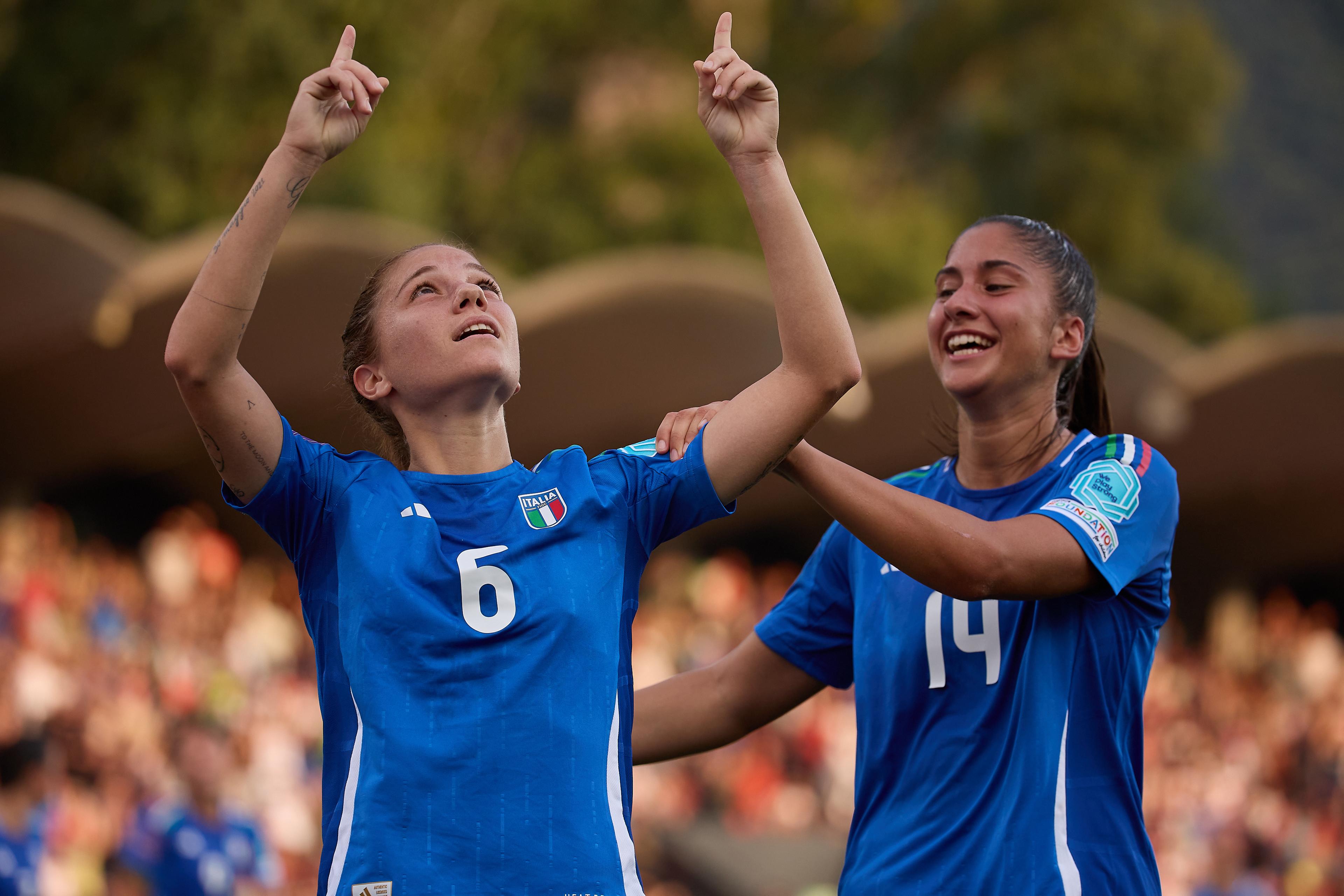 BOLZANO, ITALY - JULY 16: Manuela Giugliano of Italy celebrates after scoring her team's second goal during the Women's EURO 2025 European Qualifiers match between Italy and Finland at Stadio Druso on July 16, 2024 in Bolzano, Italy. (Photo by Emmanuele Ciancaglini/Getty Images)