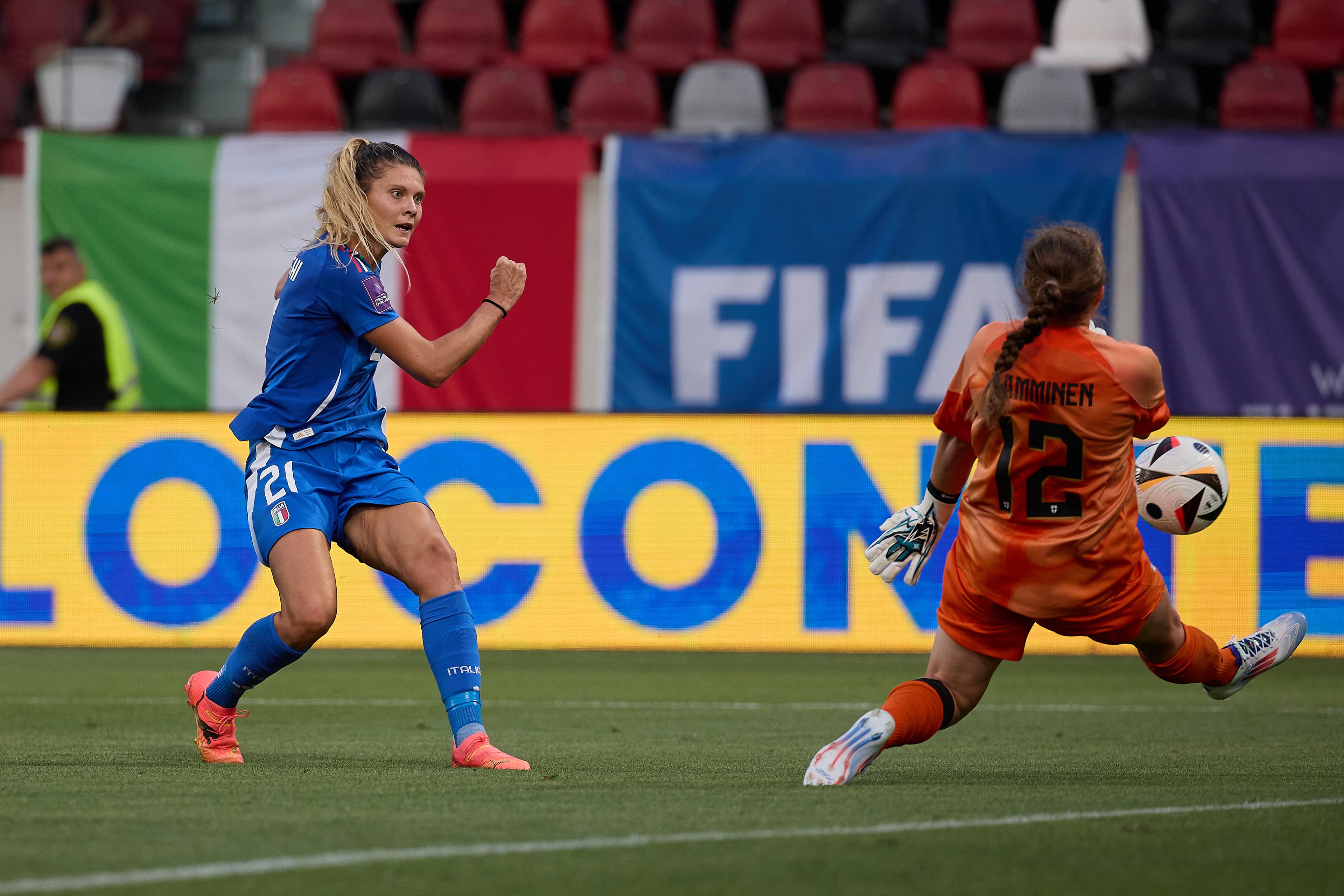 BOLZANO, ITALY - JULY 16: Michela Cambiaghi of Italy scores her team's third goal during the Women's EURO 2025 European Qualifiers match between Italy and Finland at Stadio Druso on July 16, 2024 in Bolzano, Italy. (Photo by Emmanuele Ciancaglini/Getty Images)