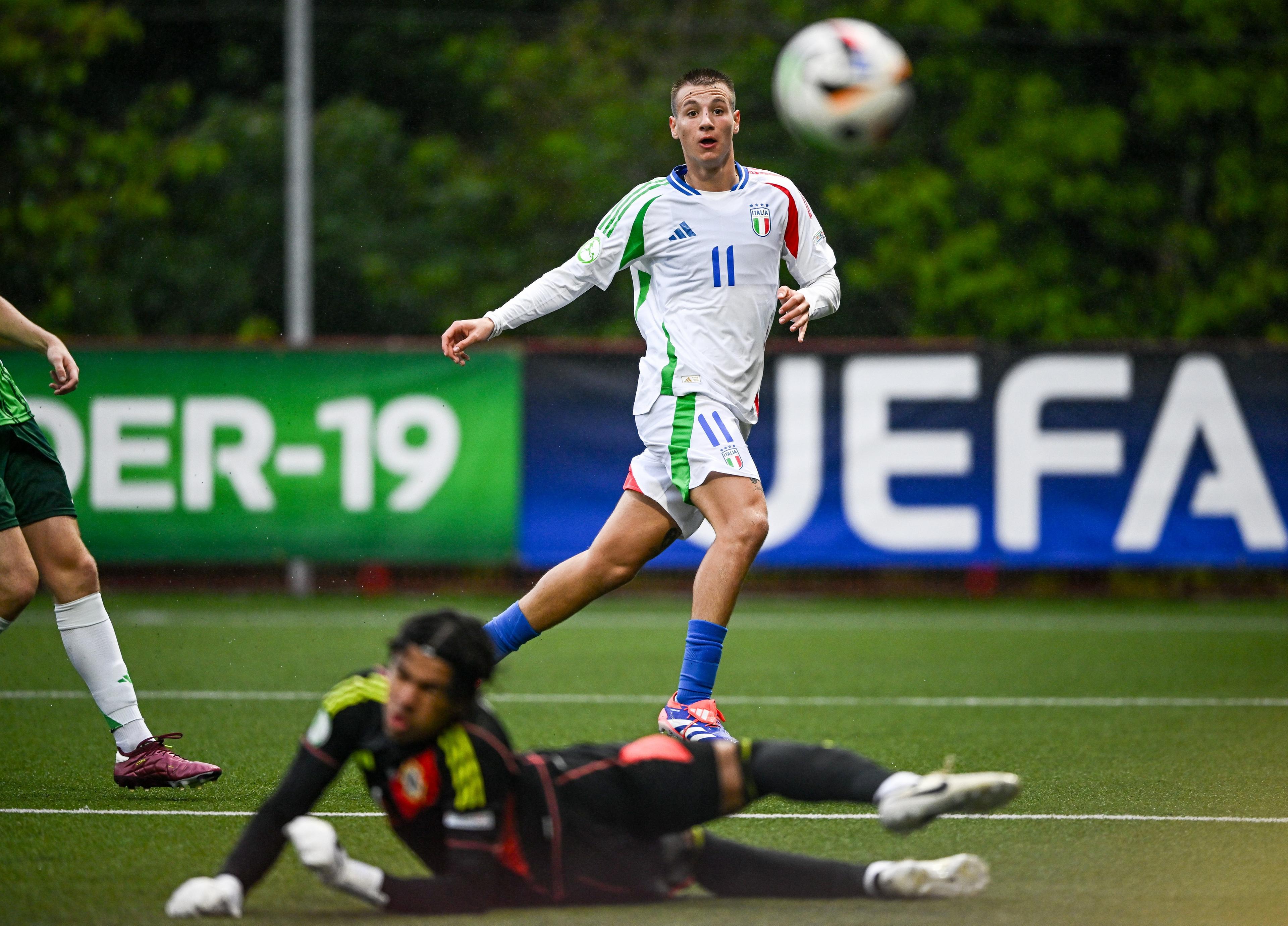 LARNE, NORTHERN IRELAND - JULY 18: Francesco Camarda of Italy scores his side's second goal during the UEFA European Under-19 Championship 2024 Group A match between Northern Ireland and Italy at Inver Park on July 18, 2024 in Larne, Northern Ireland. (Photo by Seb Daly - Sportsfile/UEFA via Getty Images)