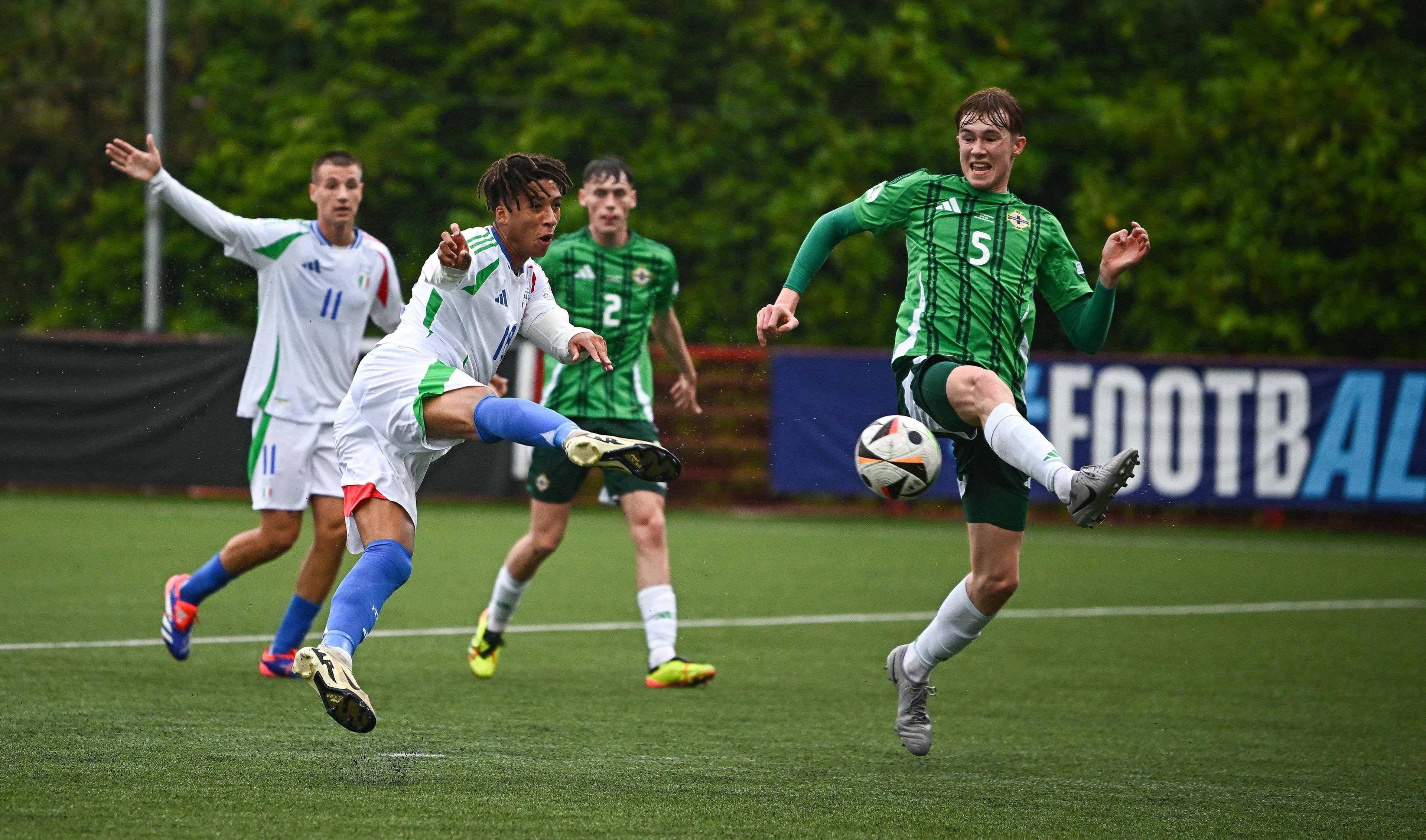 LARNE, NORTHERN IRELAND - JULY 18: Kevin Zeroli of Italy scores his side's first goal during the UEFA European Under-19 Championship 2024 Group A match between Northern Ireland and Italy at Inver Park on July 18, 2024 in Larne, Northern Ireland. (Photo by Seb Daly - Sportsfile/UEFA via Getty Images)