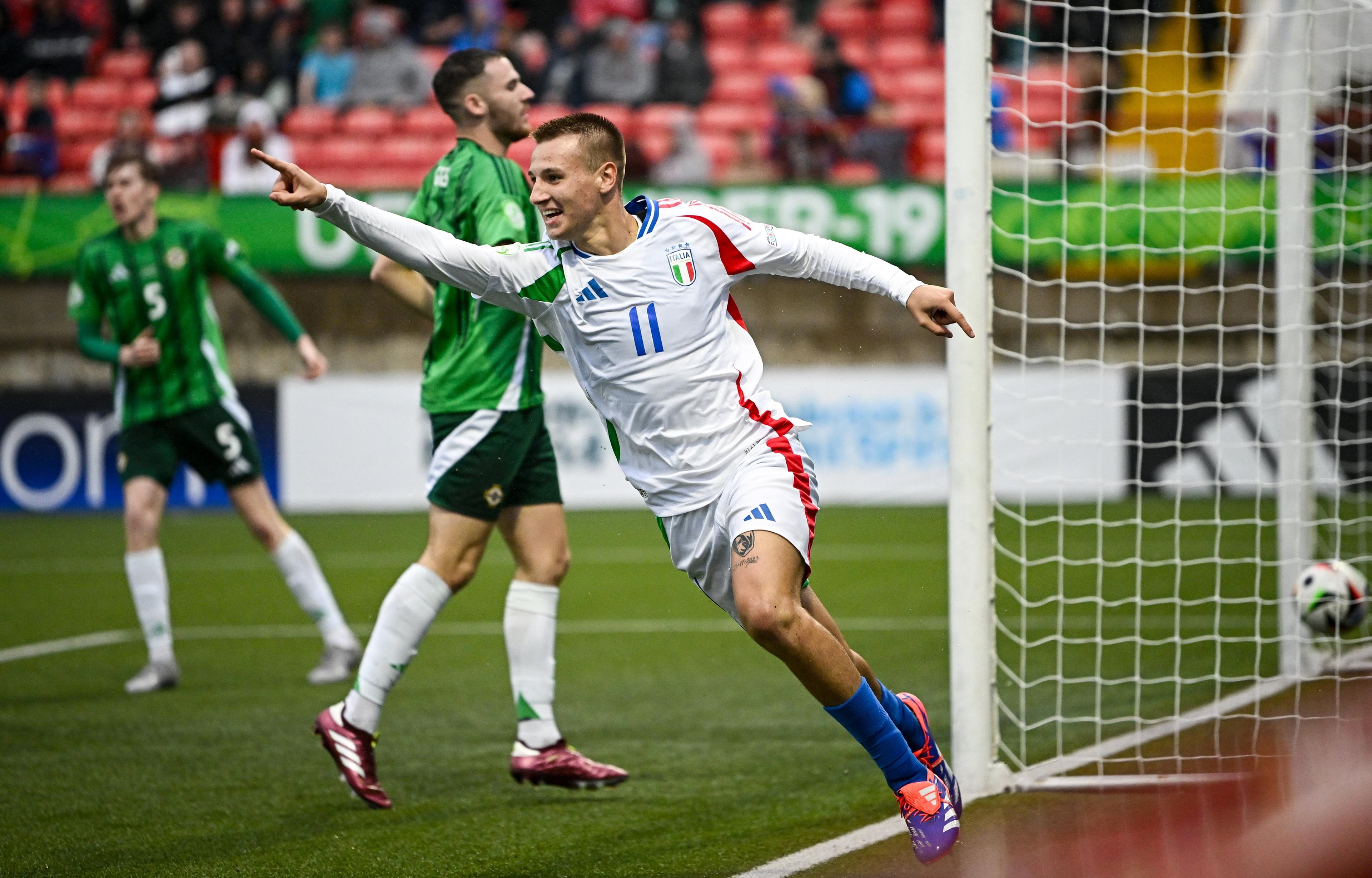 LARNE, NORTHERN IRELAND - JULY 18: Francesco Camarda of Italy celebrates after scoring his side's third goal during the UEFA European Under-19 Championship 2024 Group A match between Northern Ireland and Italy at Inver Park on July 18, 2024 in Larne, Northern Ireland. (Photo by Seb Daly - Sportsfile/UEFA via Getty Images)
