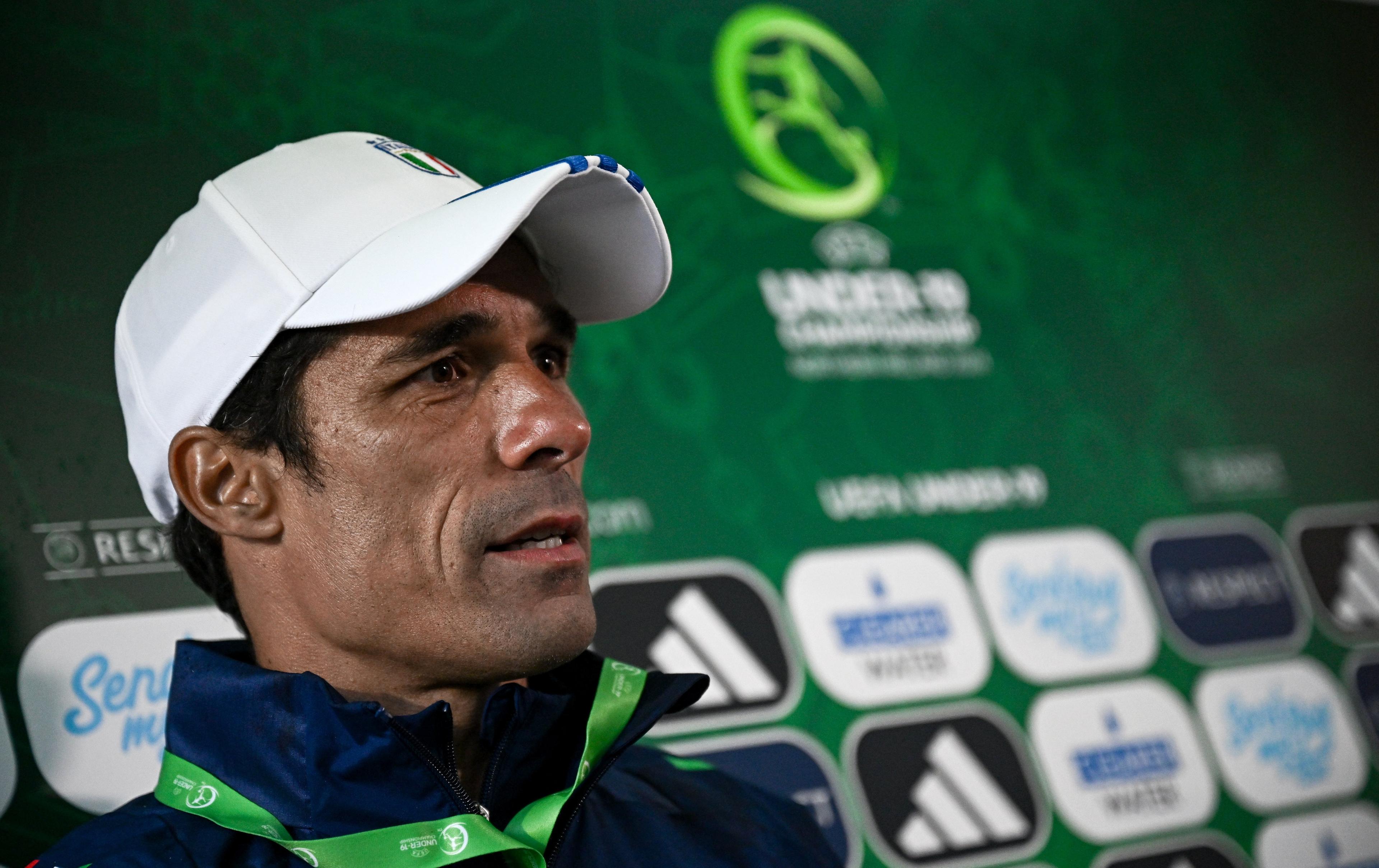 LARNE, NORTHERN IRELAND - JULY 18: Italy manager Bernardo Corradi is interviewed after the UEFA European Under-19 Championship 2024 Group A match between Northern Ireland and Italy at Inver Park on July 18, 2024 in Larne, Northern Ireland. (Photo by Seb Daly - Sportsfile/UEFA via Getty Images)