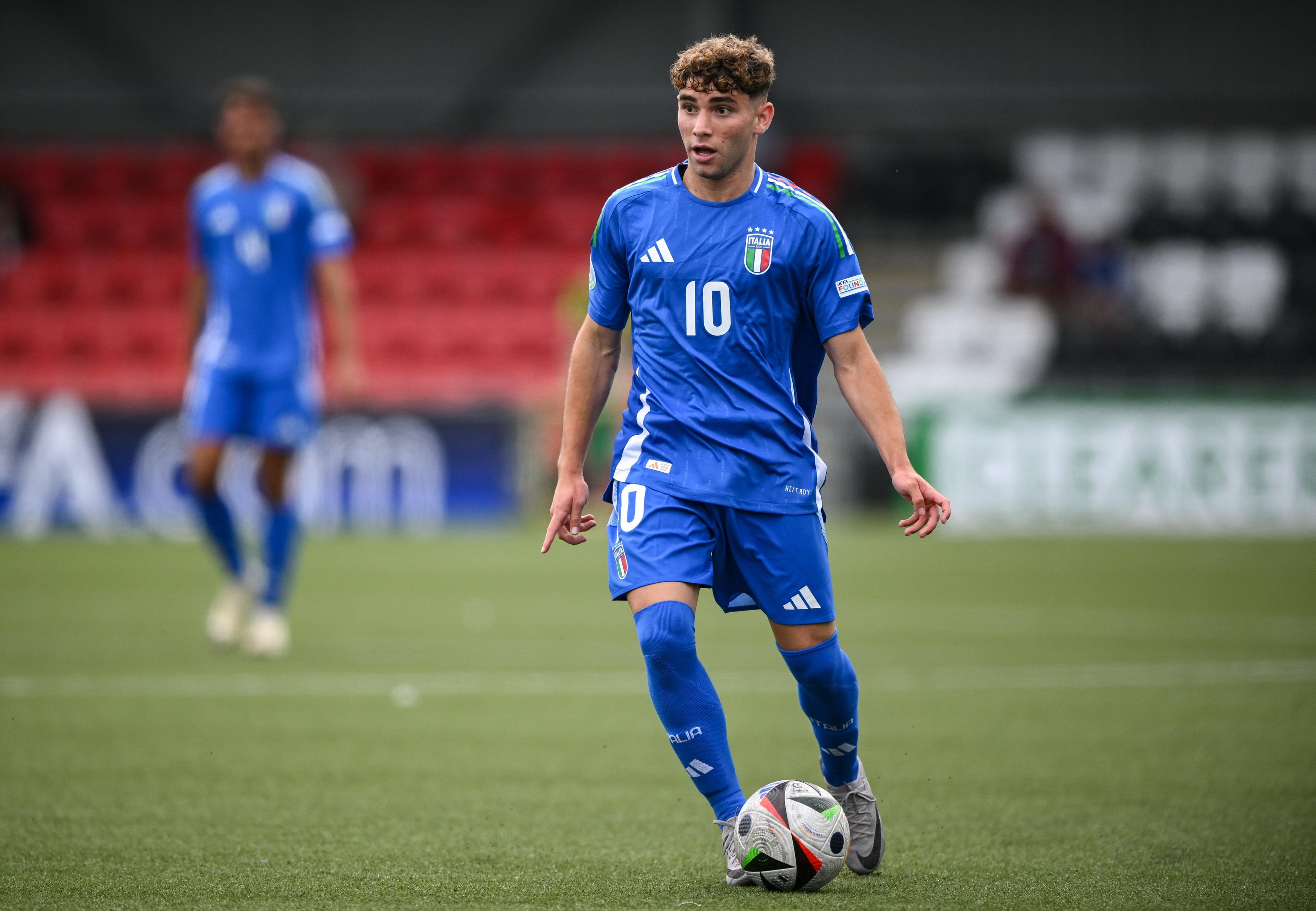 BELFAST, NORTHERN IRELAND - JULY 15: Simone Pafundi of Italy during the UEFA European Under-19 Championship 2024 Group A match between Italy and Norway at Seaview in Belfast on July 15, 2024 in Belfast, Northern Ireland. (Photo by Ramsey Cardy - Sportsfile/UEFA via Getty Images)