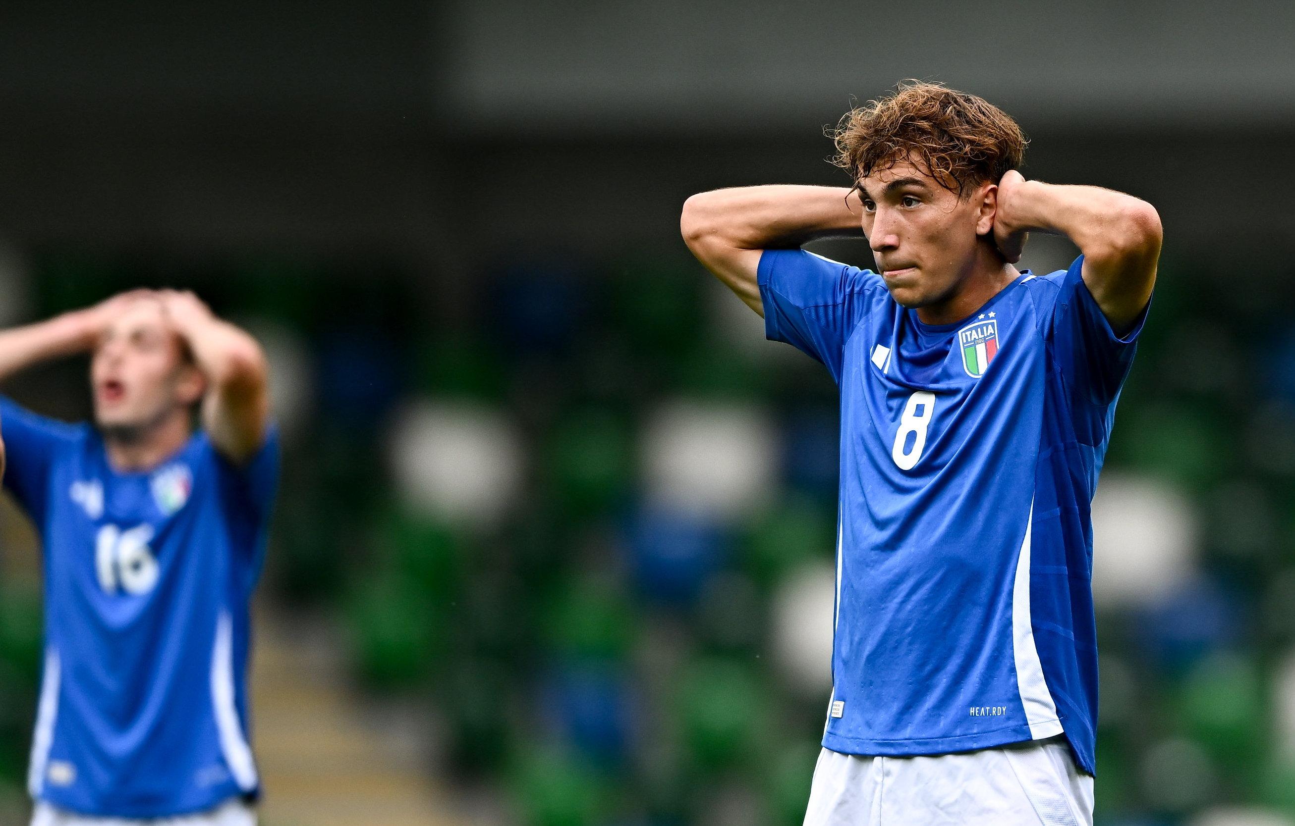 BELFAST, NORTHERN IRELAND - JULY 25: Luca Di Maggio of Italy reacts during the UEFA European Under-19 Championship 2024 semi-final match between Italy and Spain at National Football Stadium at Windsor Park on July 25, 2024 in Belfast, Northern Ireland. (Photo by Seb Daly - Sportsfile/UEFA via Getty Images)