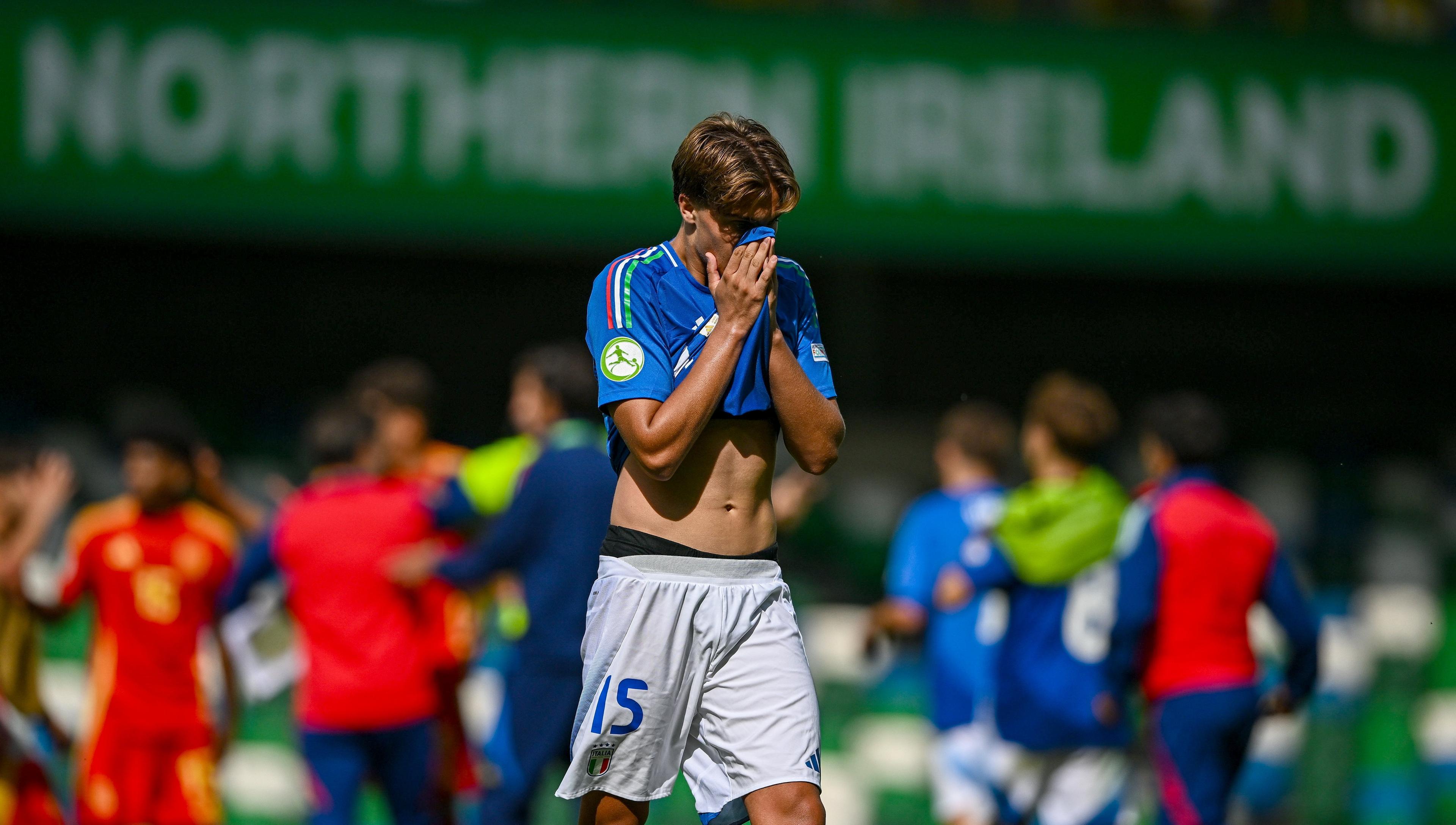 BELFAST, NORTHERN IRELAND - JULY 25: Jonas Harder of Italy after his side's defeat in the UEFA European Under-19 Championship 2024 semi-final match between Italy and Spain at National Football Stadium at Windsor Park on July 25, 2024 in Belfast, Northern Ireland. (Photo by Seb Daly - Sportsfile/UEFA via Getty Images)