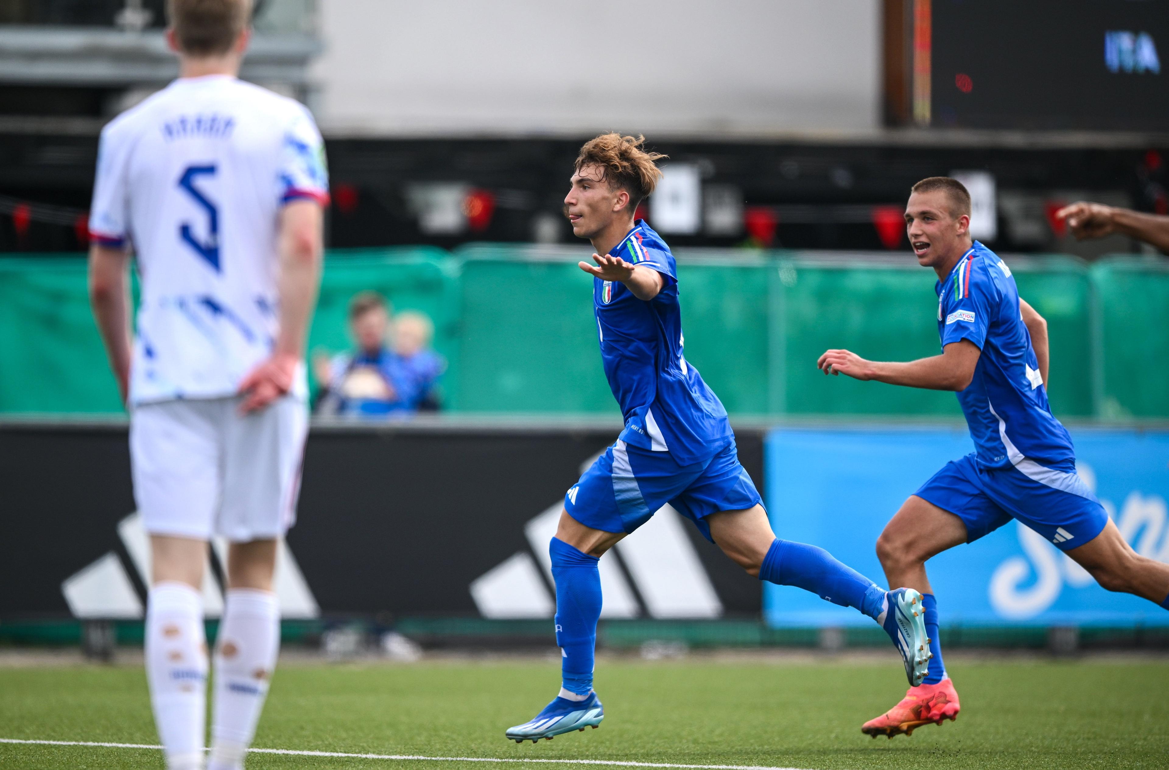 BELFAST, NORTHERN IRELAND - JULY 15: Luca Di Maggio of Italy celebrates after scoring his side's first goal during the UEFA European Under-19 Championship 2024 Group A match between Italy and Norway at Seaview in Belfast on July 15, 2024 in Belfast, Northern Ireland. (Photo by Ramsey Cardy - Sportsfile/UEFA via Getty Images)