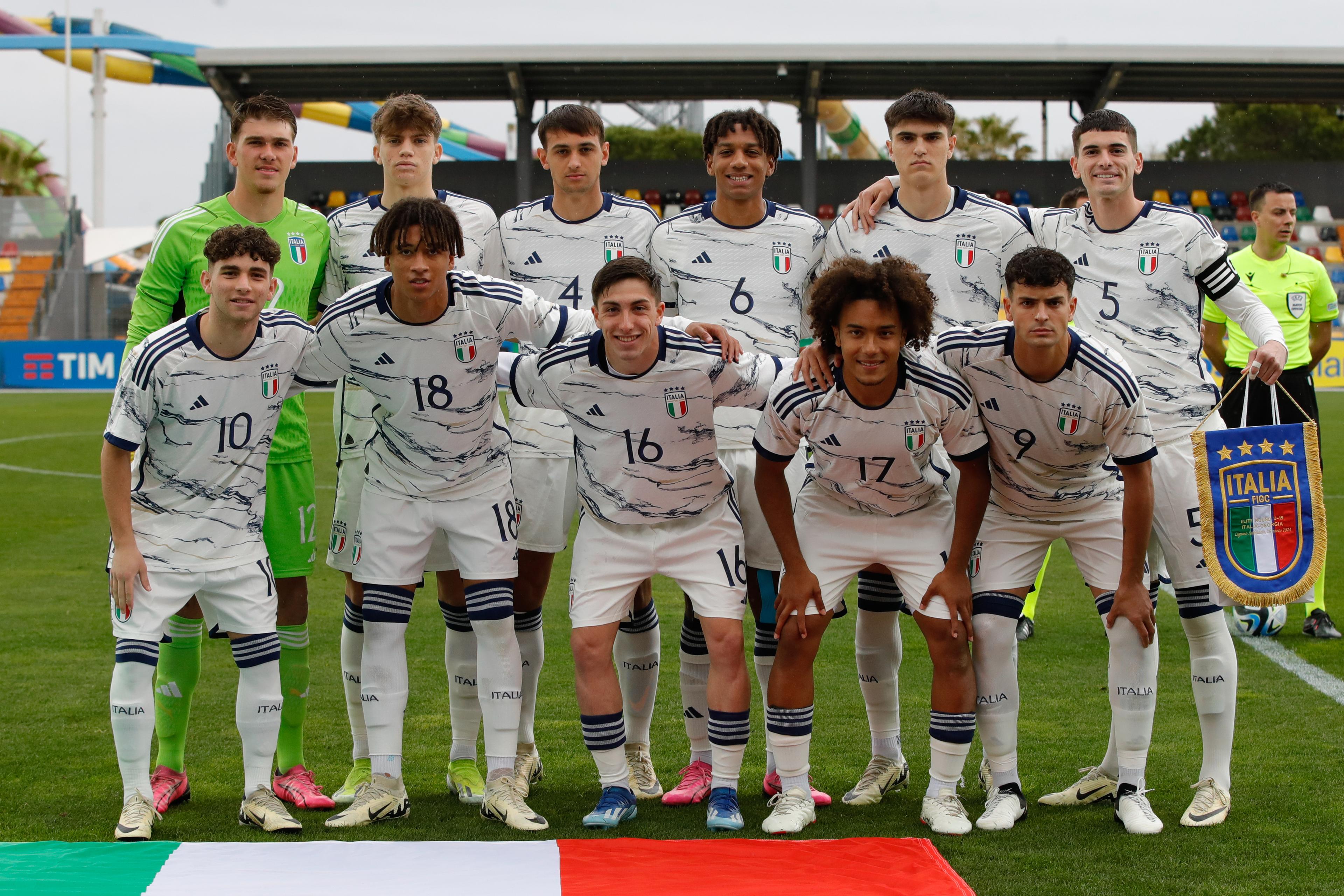 LIGNANO SABBIADORO, ITALY - MARCH 26: The Italian starting eleven a the UEFA EURO 2024 Elite Round Qualifier between Italy U19 and Georgia U19 at Stadio Guido Teghil on March 26, 2024 in Lignano Sabbiadoro, Italy. (Photo by Timothy Rogers/Getty Images)