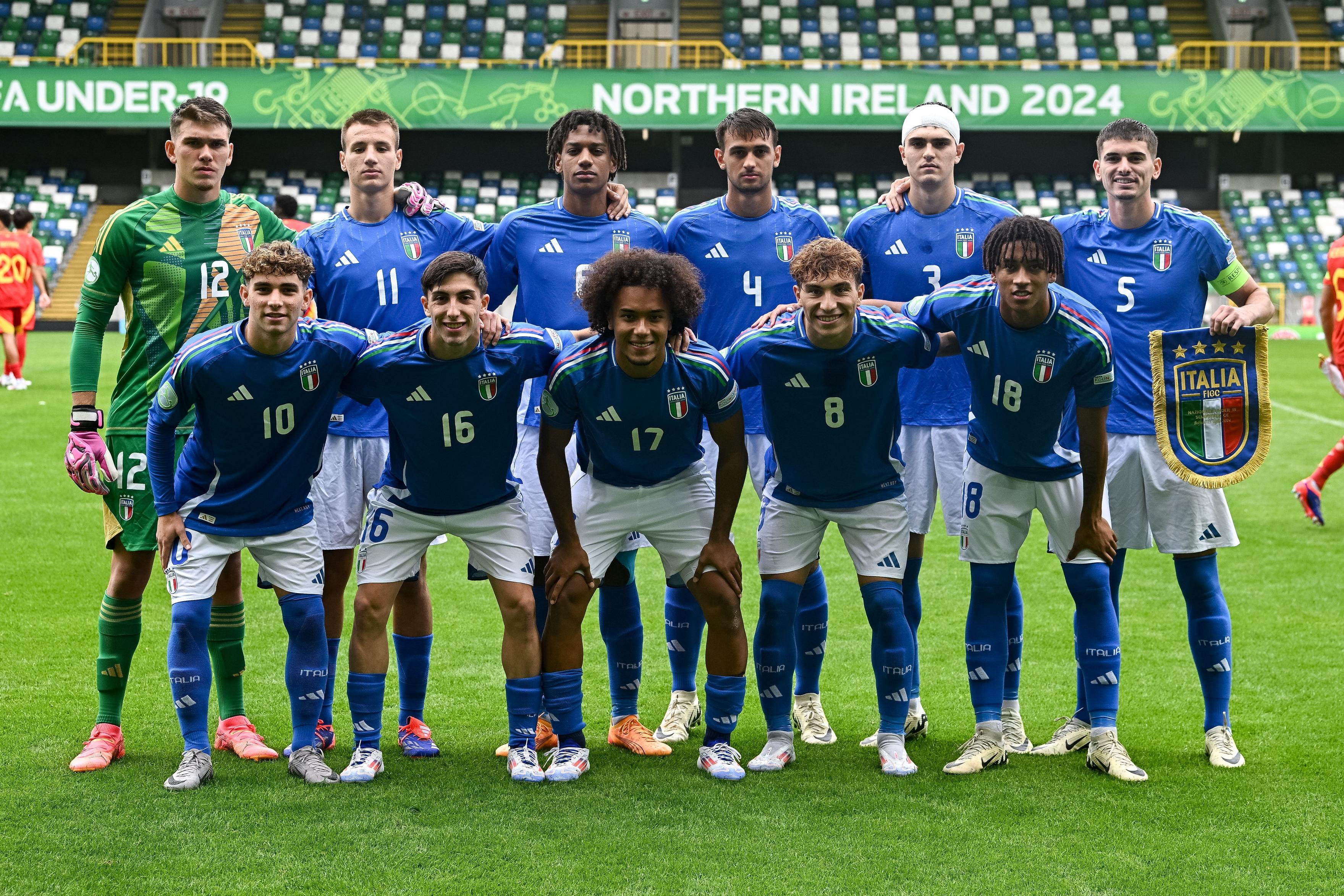 BELFAST, NORTHERN IRELAND - JULY 25: Italy players before the UEFA European Under-19 Championship 2024 semi-final match between Italy and Spain at National Football Stadium at Windsor Park on July 25, 2024 in Belfast, Northern Ireland. (Photo by Seb Daly - Sportsfile/UEFA via Getty Images)