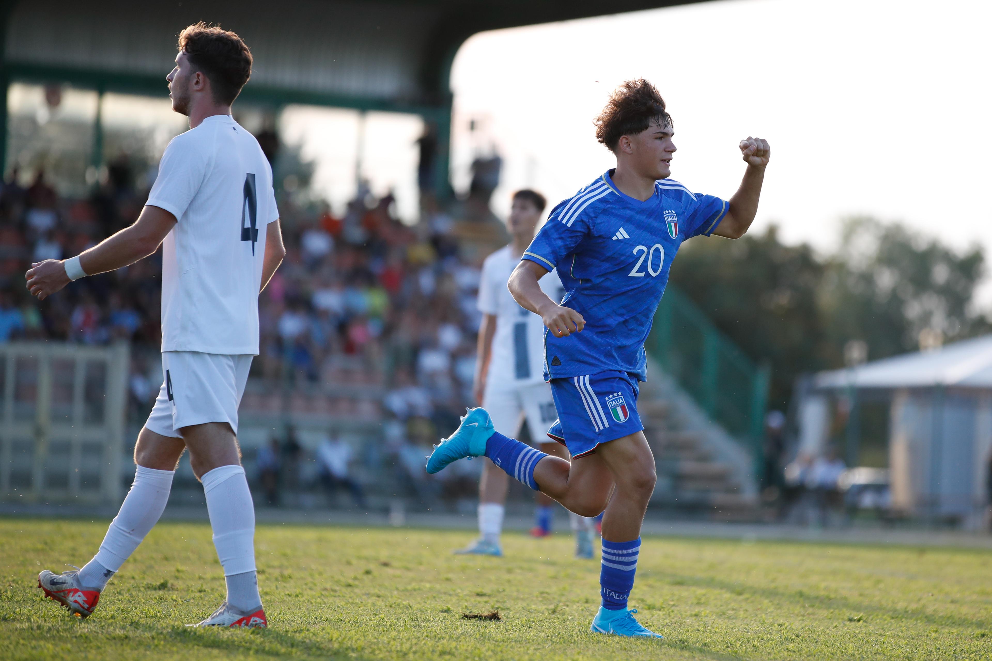 MANZANO, ITALY - AUGUST 06: Mattia Mosconi of Italy celebrates scoring a goal during the International Friendly match between Italy U19 and Slovenia U19 at Stadio Comunale Giuseppe Morigi on August 06, 2024 in Manzano, Italy. (Photo by Timothy Rogers/Getty Images)
